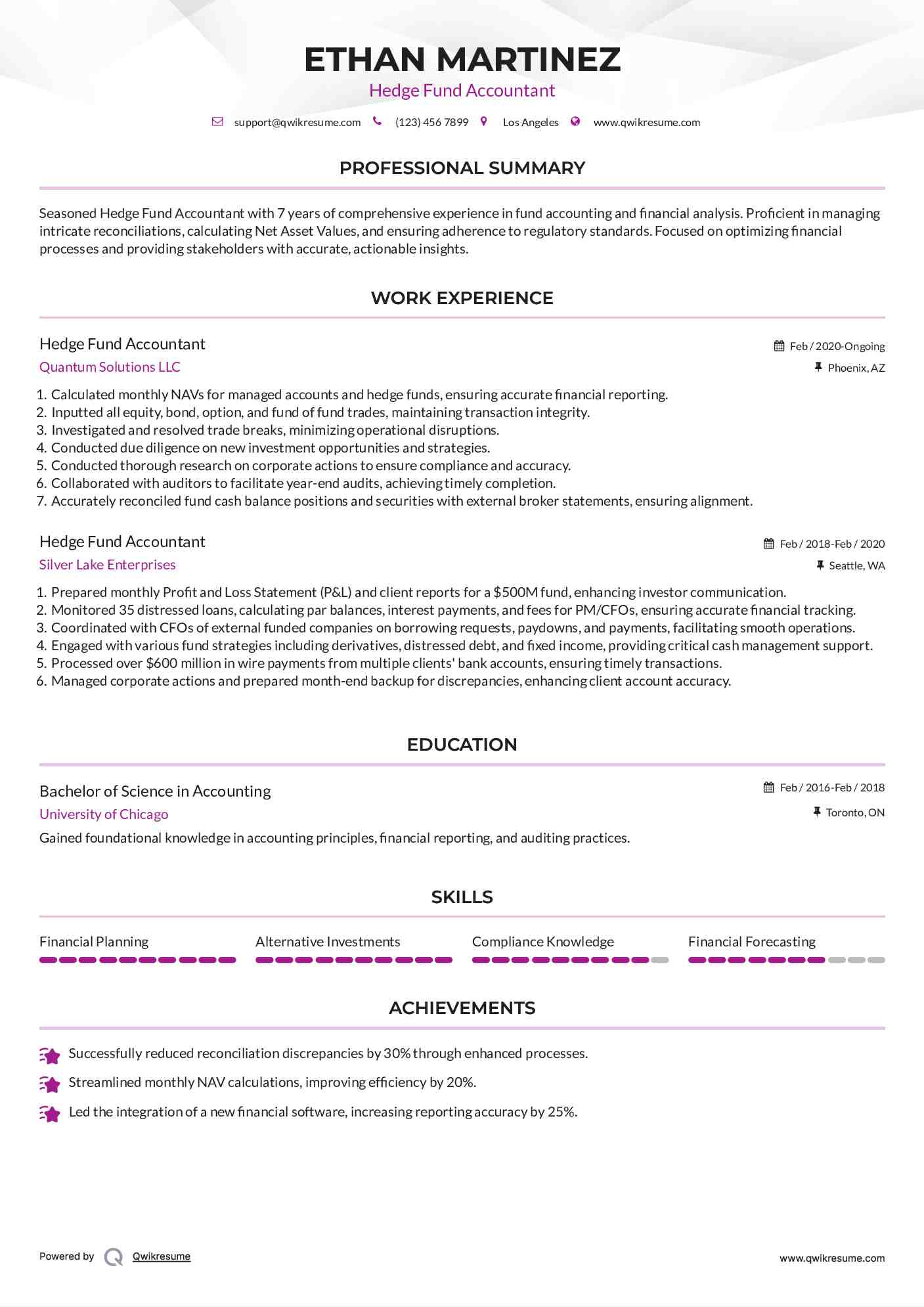 Hedge Fund Accountant
 Resume Sample