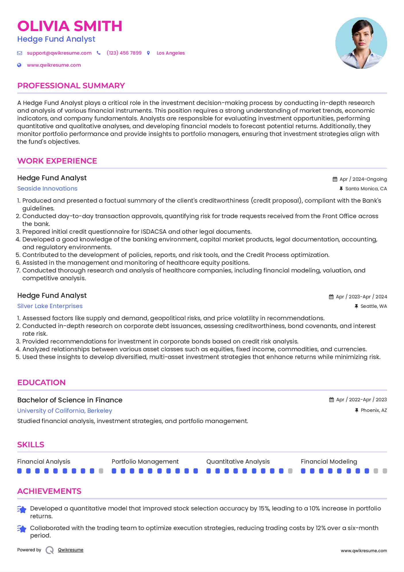 Hedge Fund Analyst Resume Sample