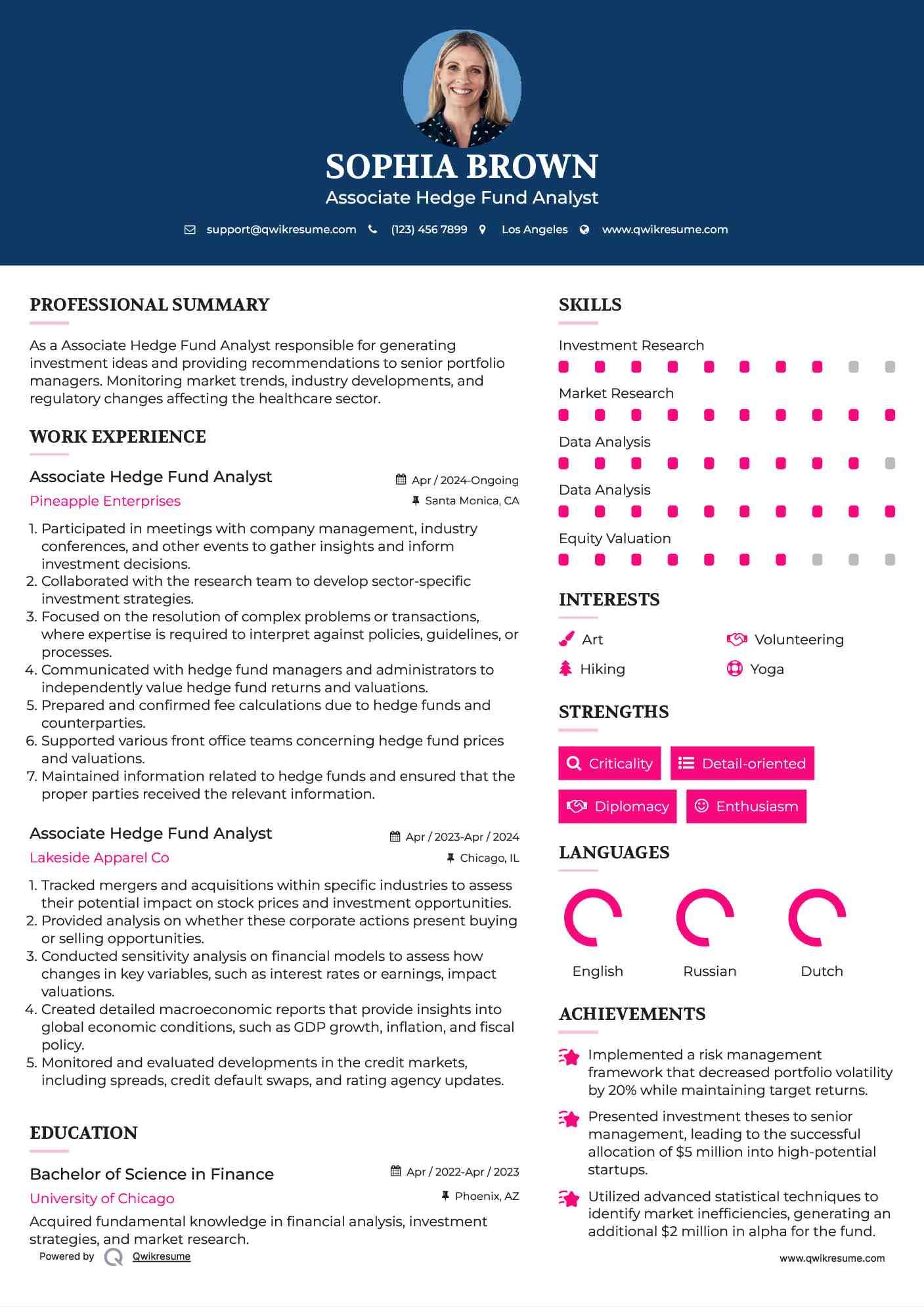 Associate Hedge Fund Analyst Resume Format