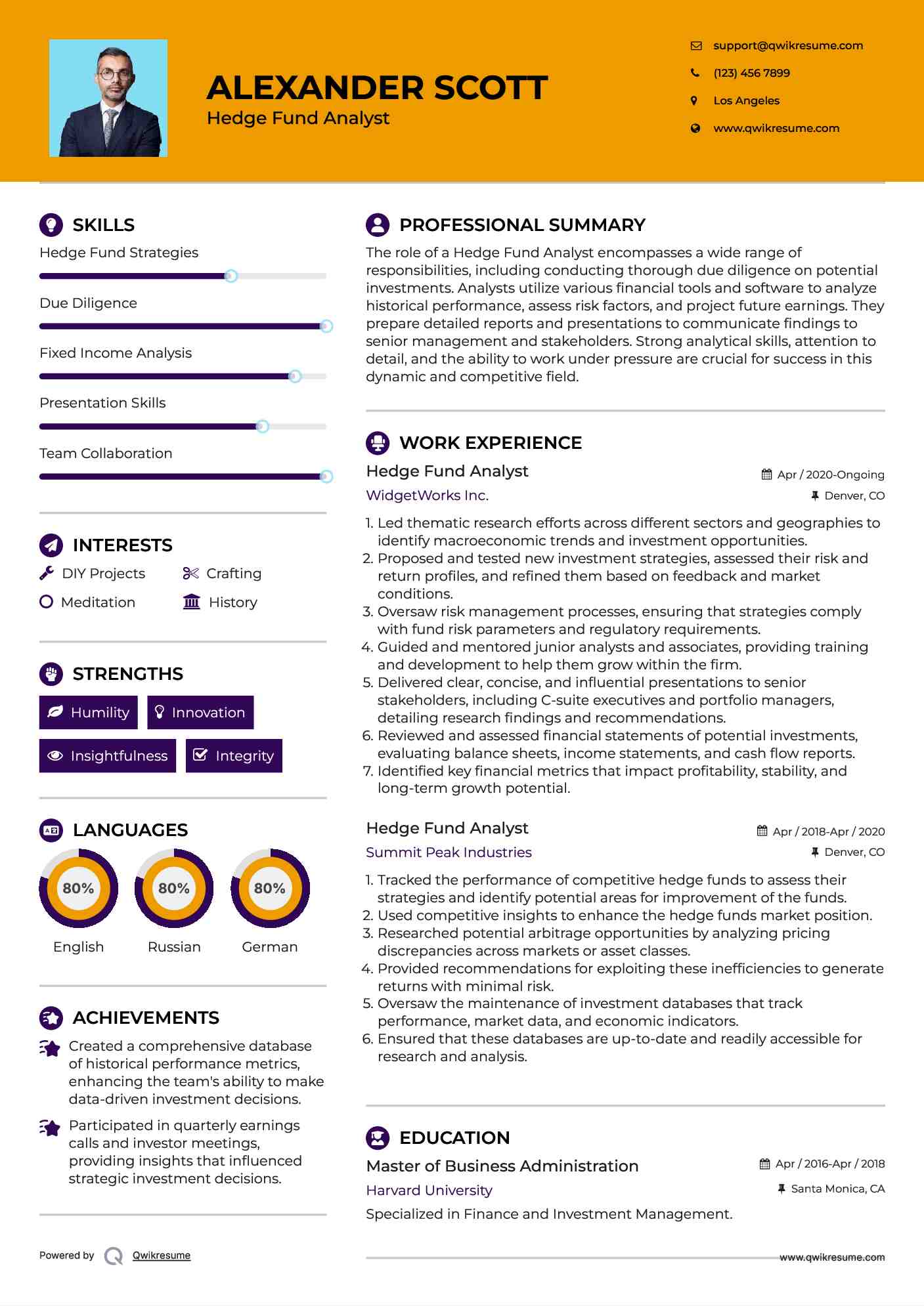 Hedge Fund Analyst Resume Sample