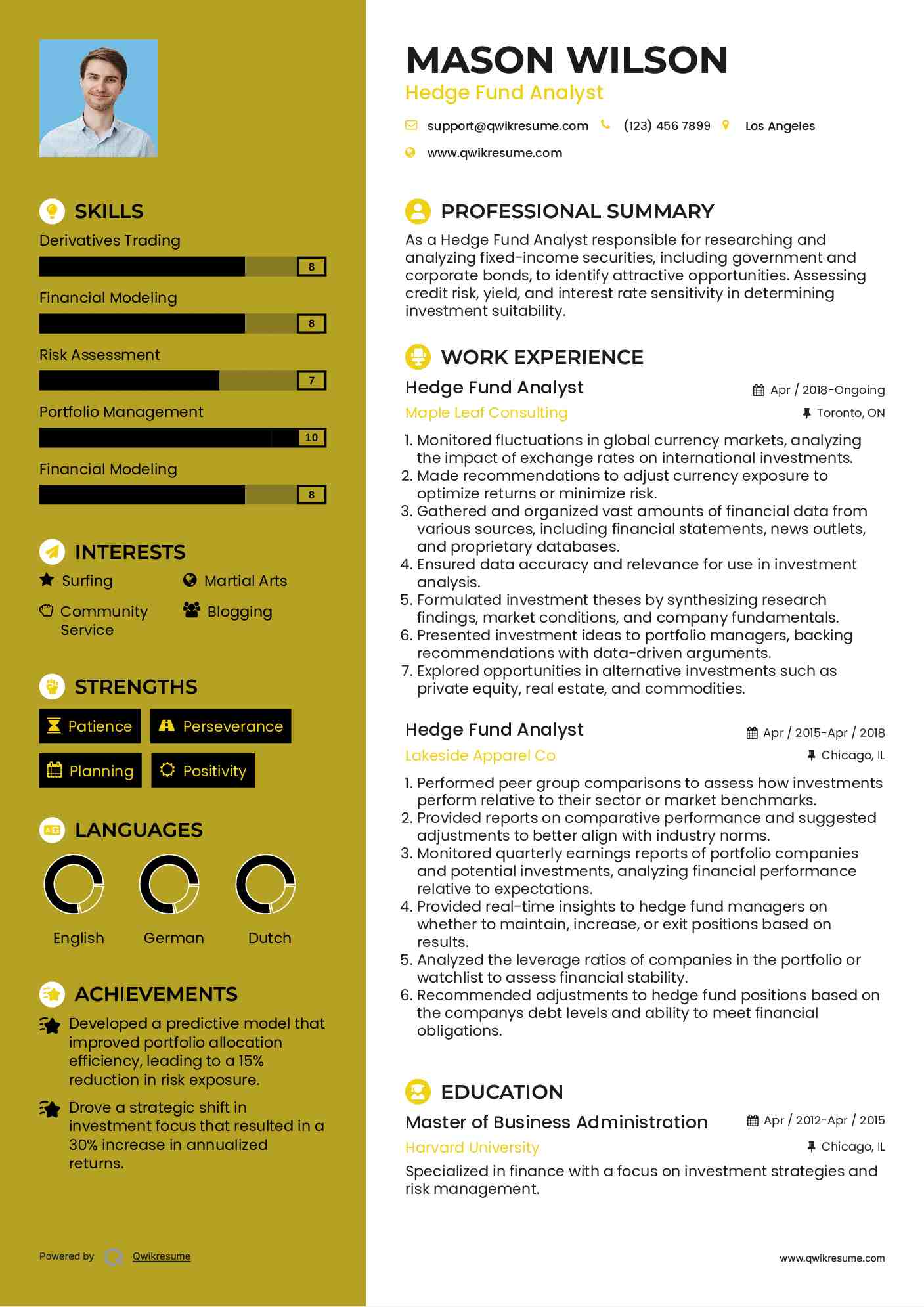 Hedge Fund Analyst Resume Sample