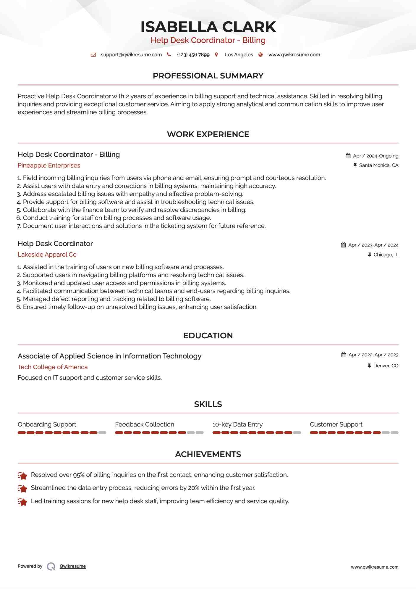 Help Desk Coordinator Resume Samples QwikResume