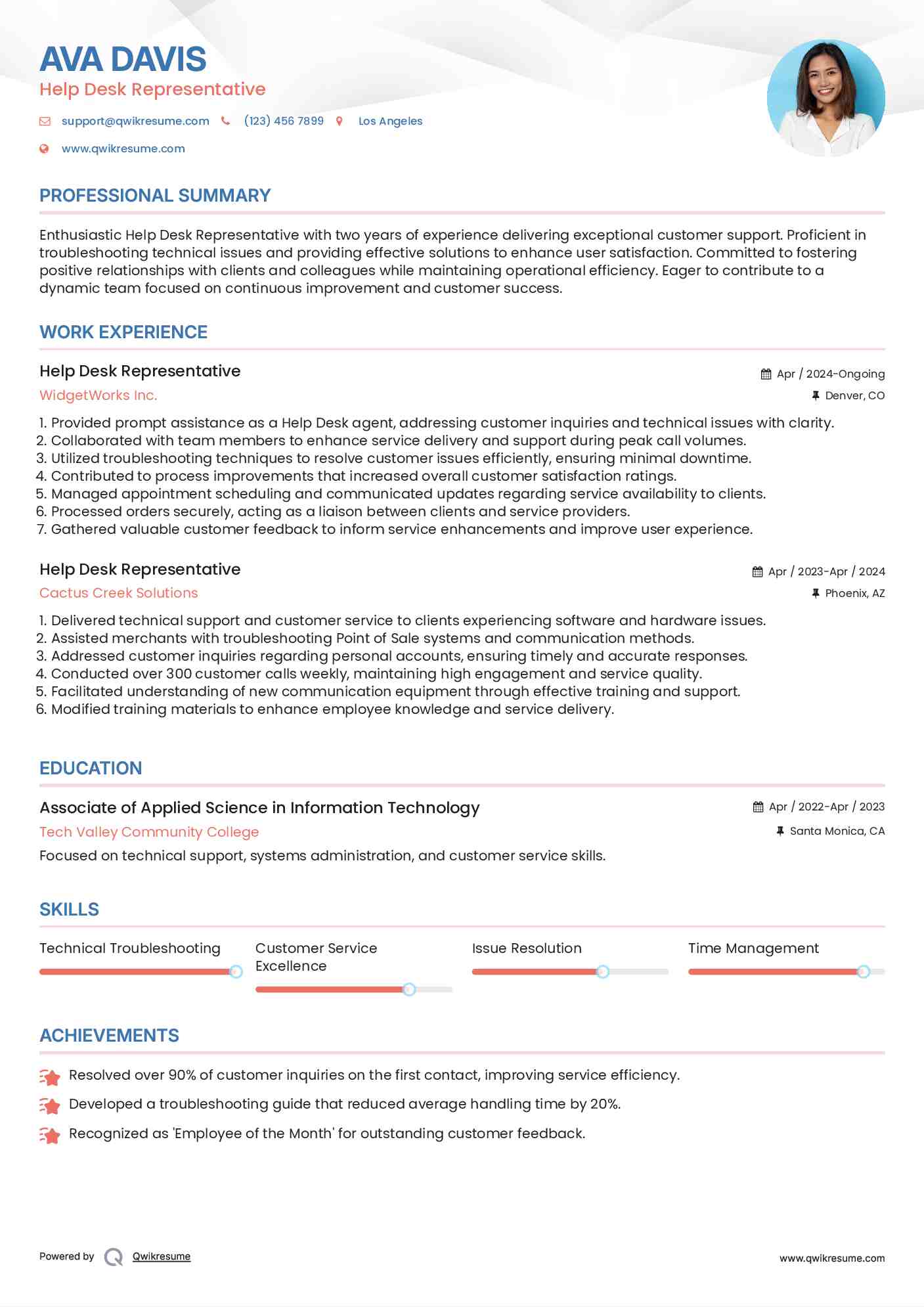 Help Desk Representative Resume Example