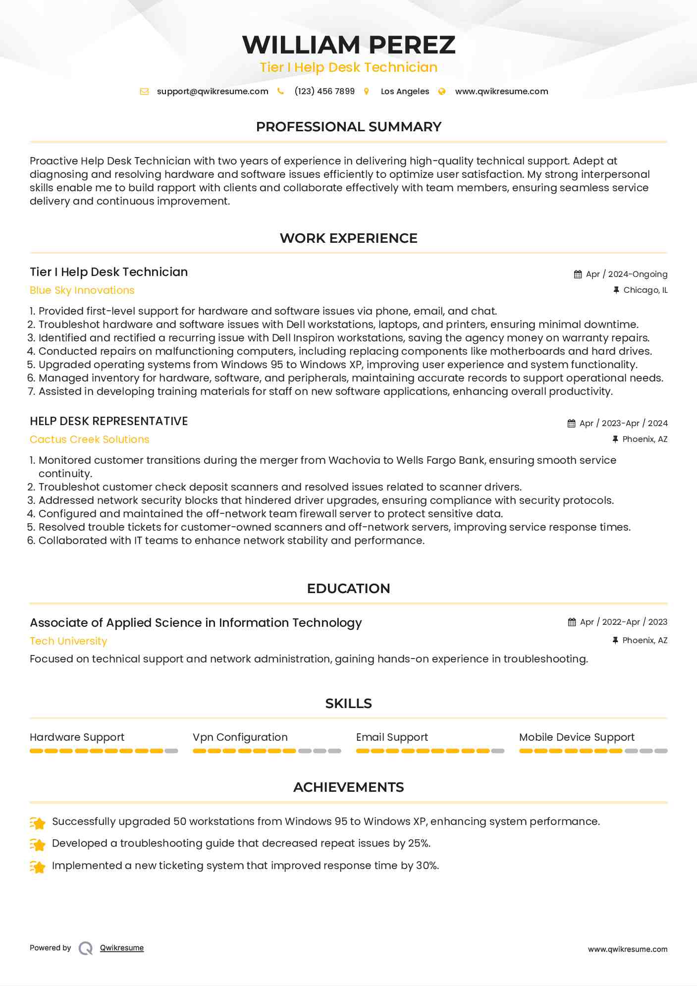 Tier I Help Desk Technician
 Resume Model