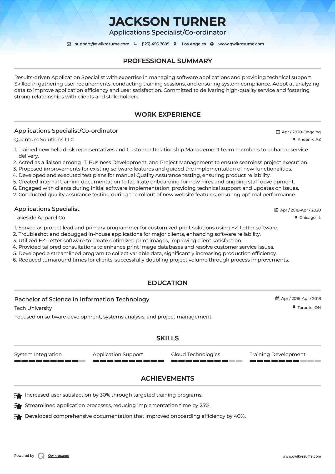 Applications Specialist/Co-ordinator Resume Sample