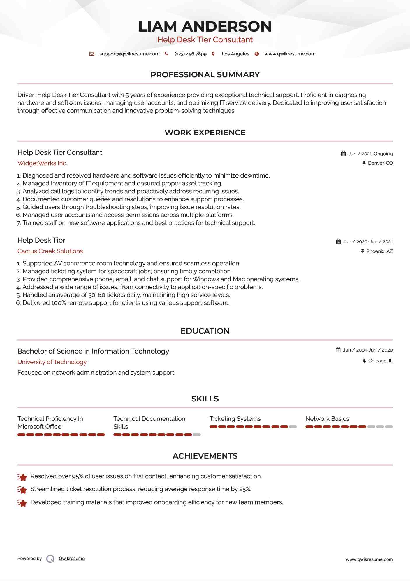 Help Desk Tier Consultant Resume Example