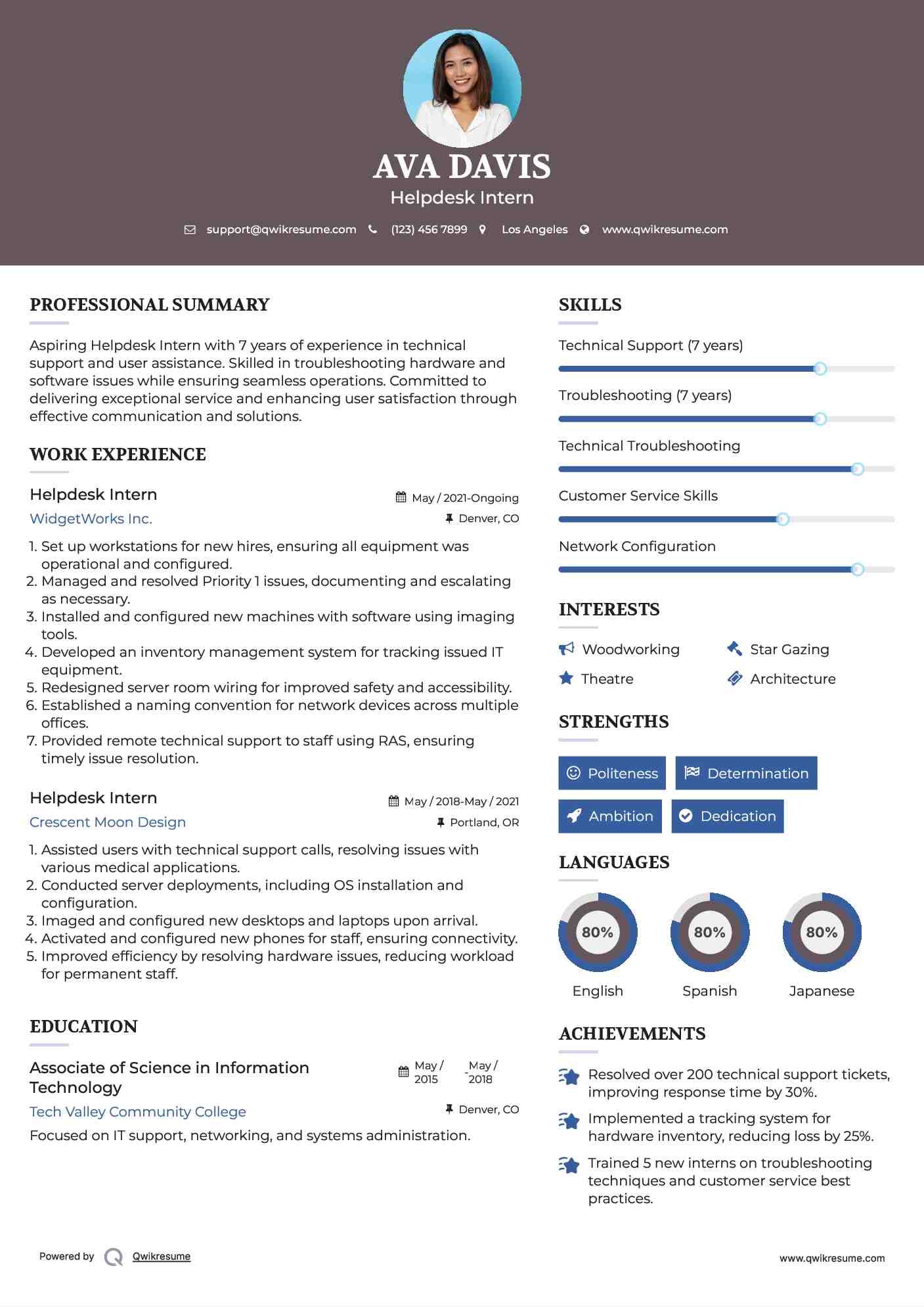 Helpdesk Intern Resume Sample