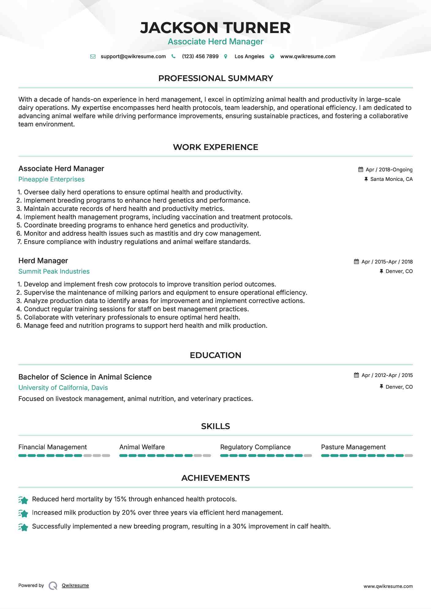 Associate Herd Manager Resume Format