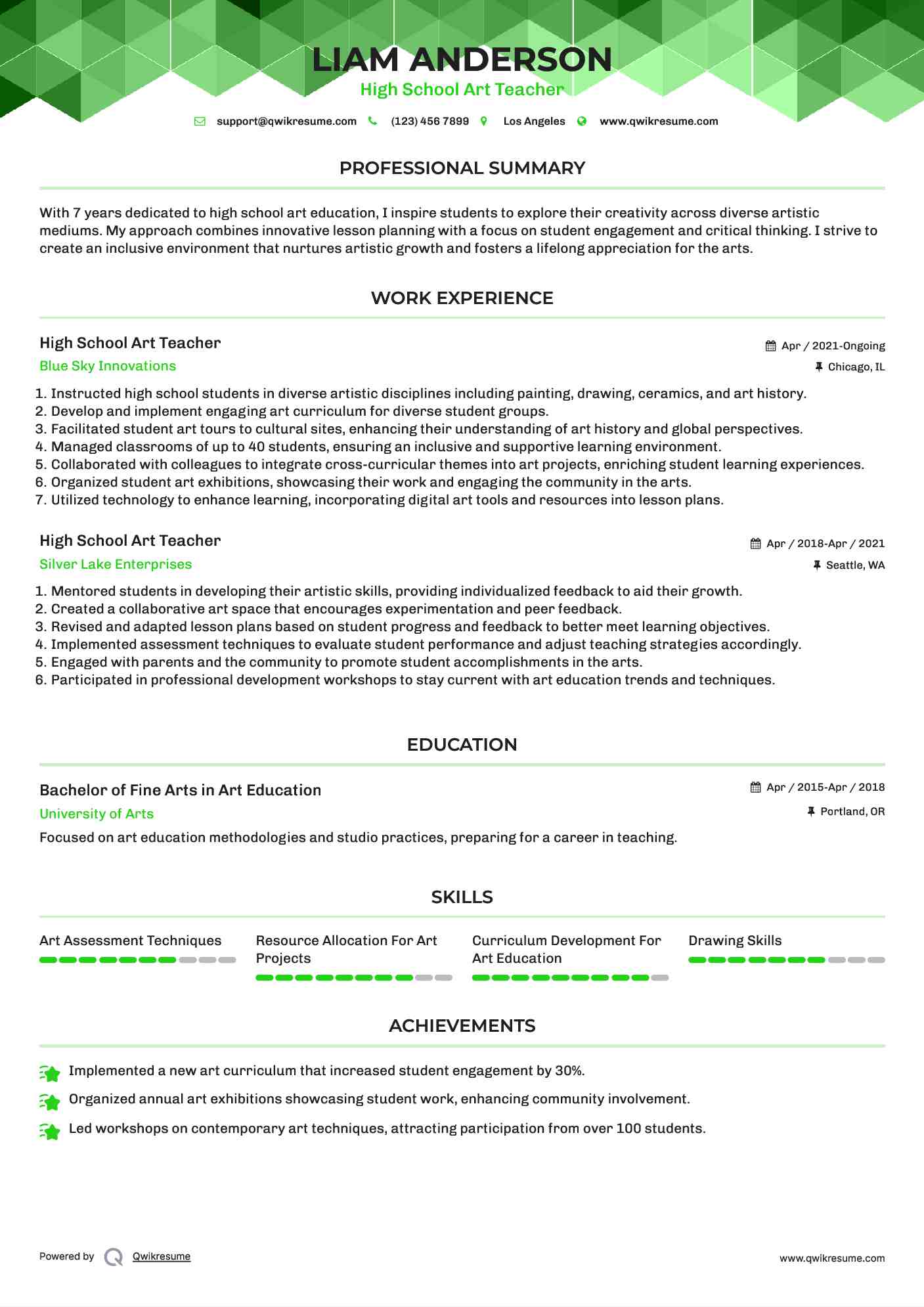 High School Art Teacher Resume Template