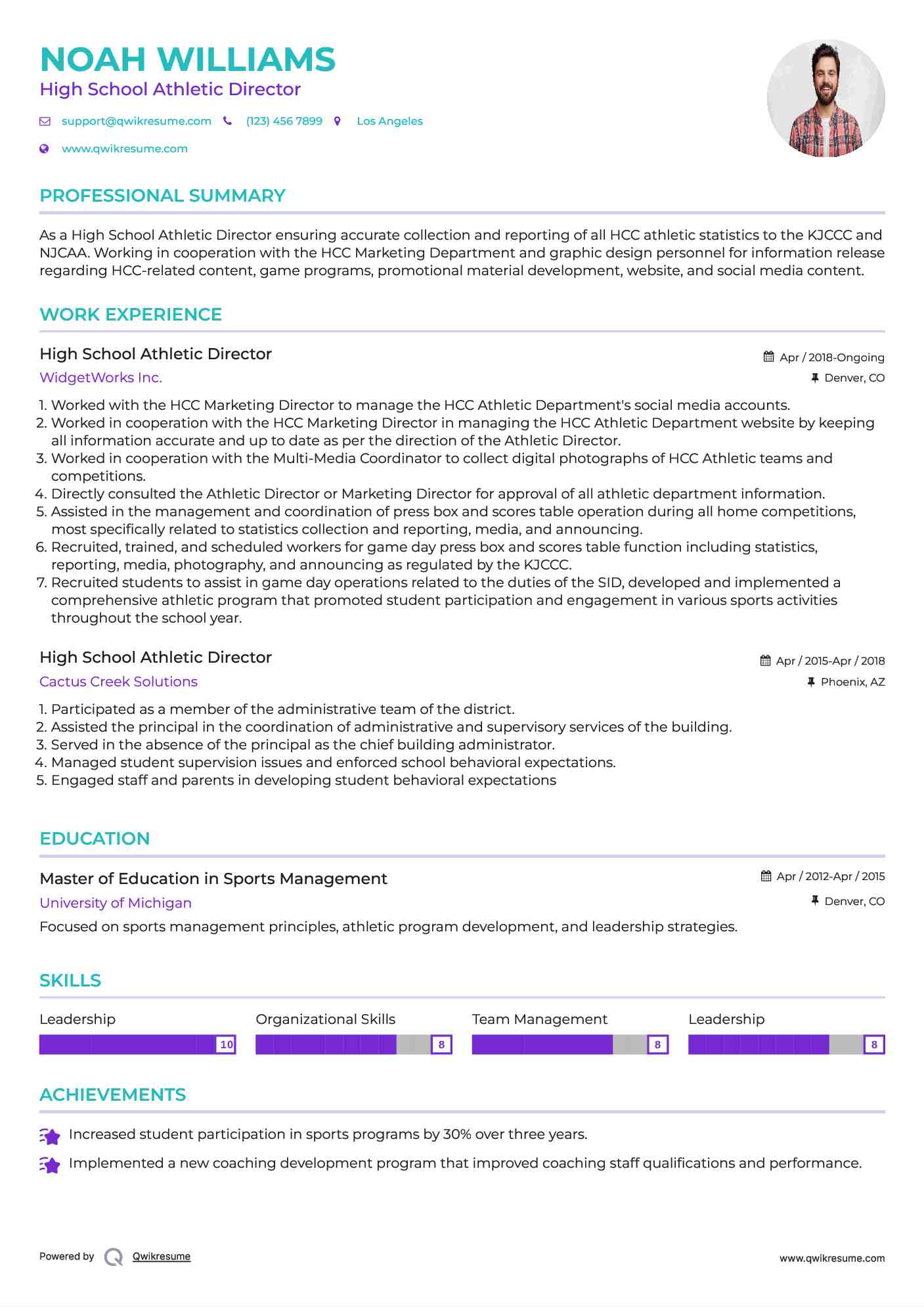 High School Athletic Director Resume Example