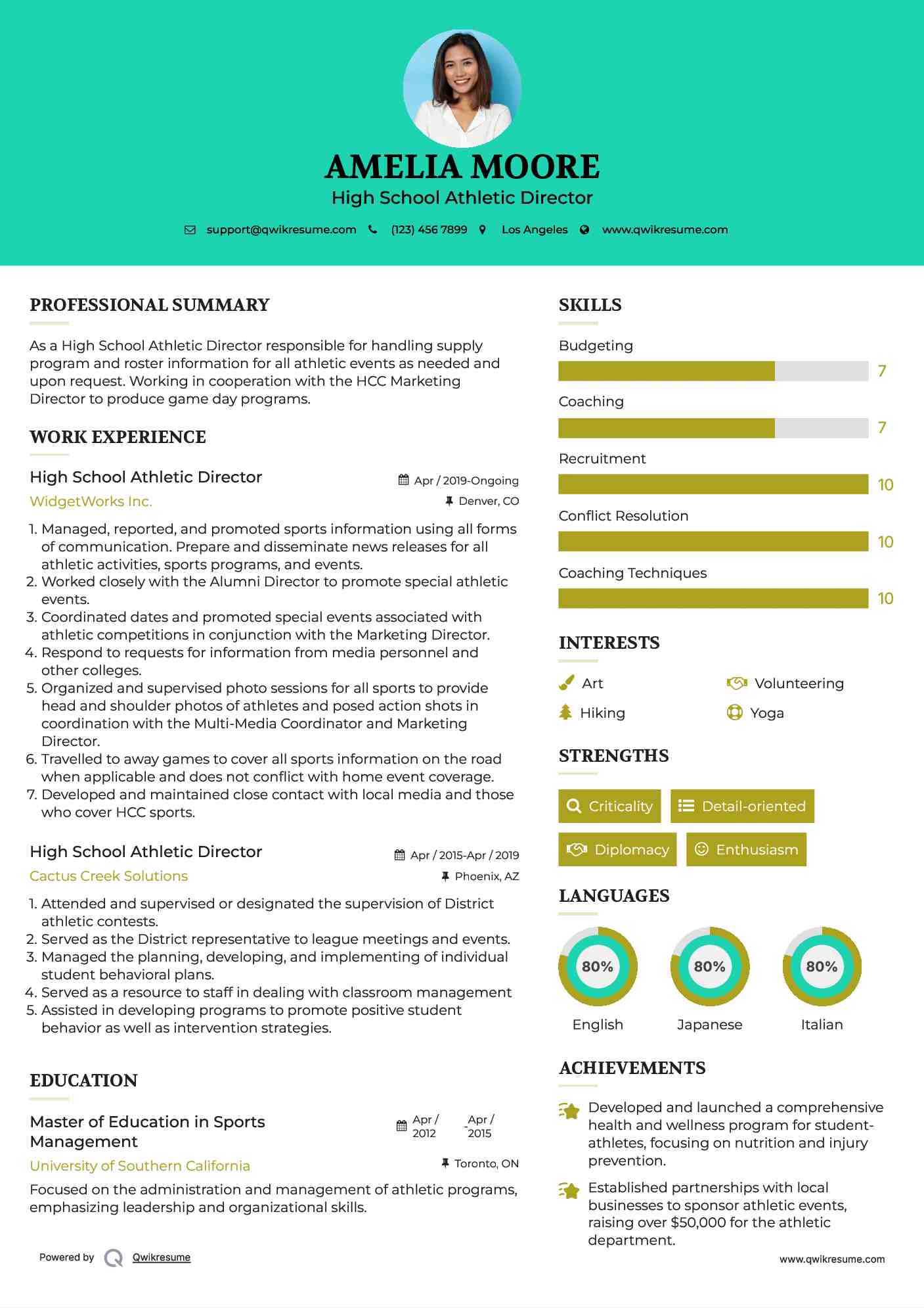 High School Athletic Director Resume Model