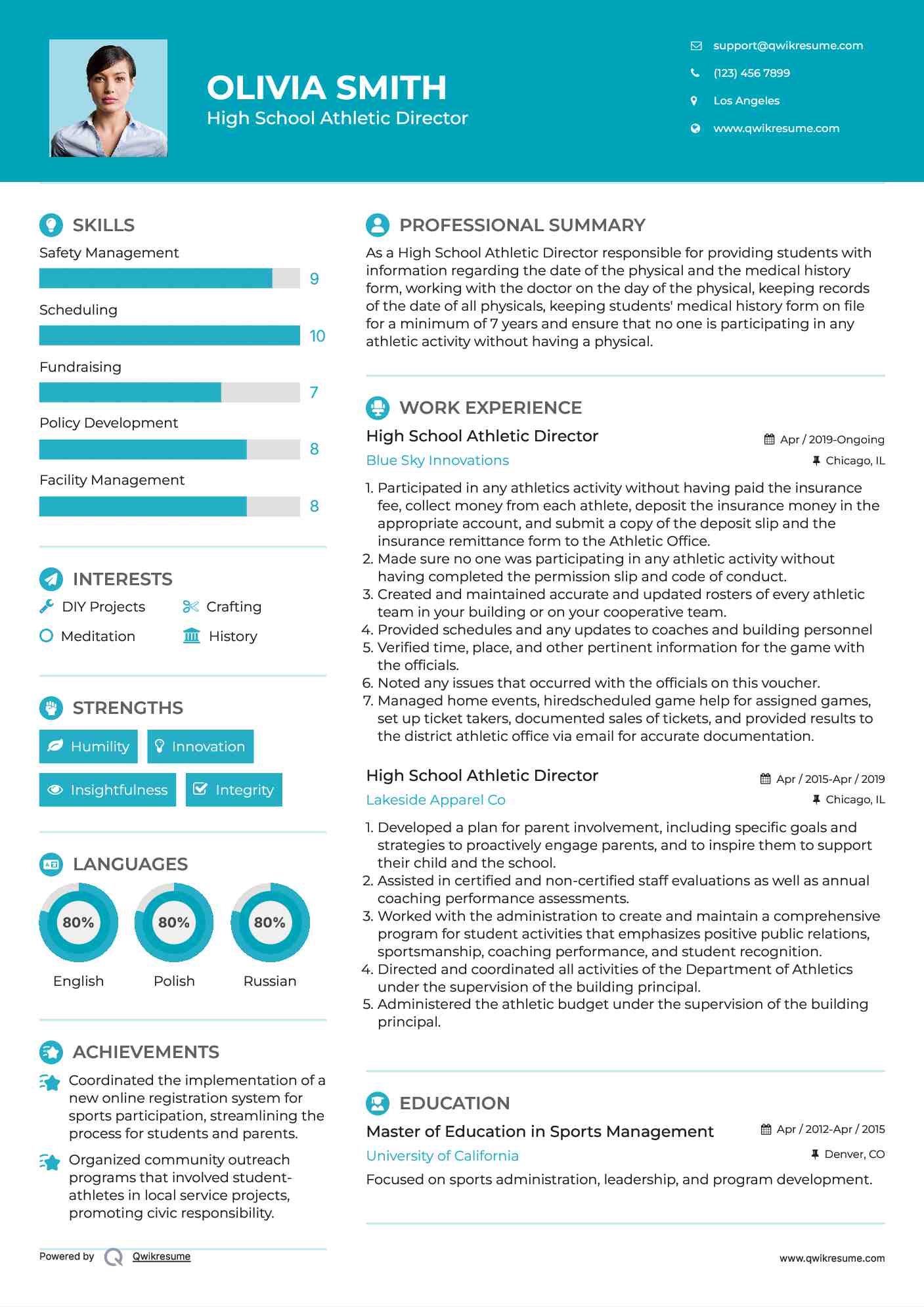 High School Athletic Director Resume Model