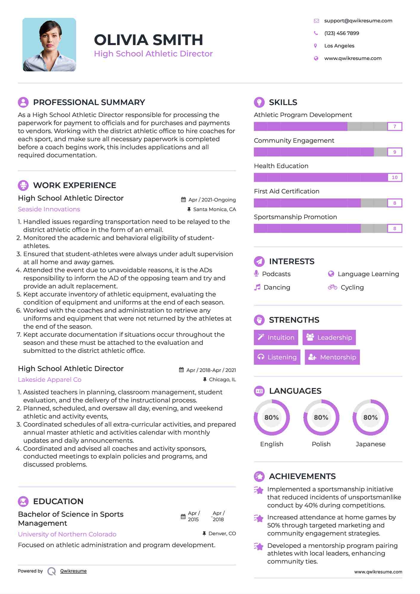 High School Athletic Director Resume Model