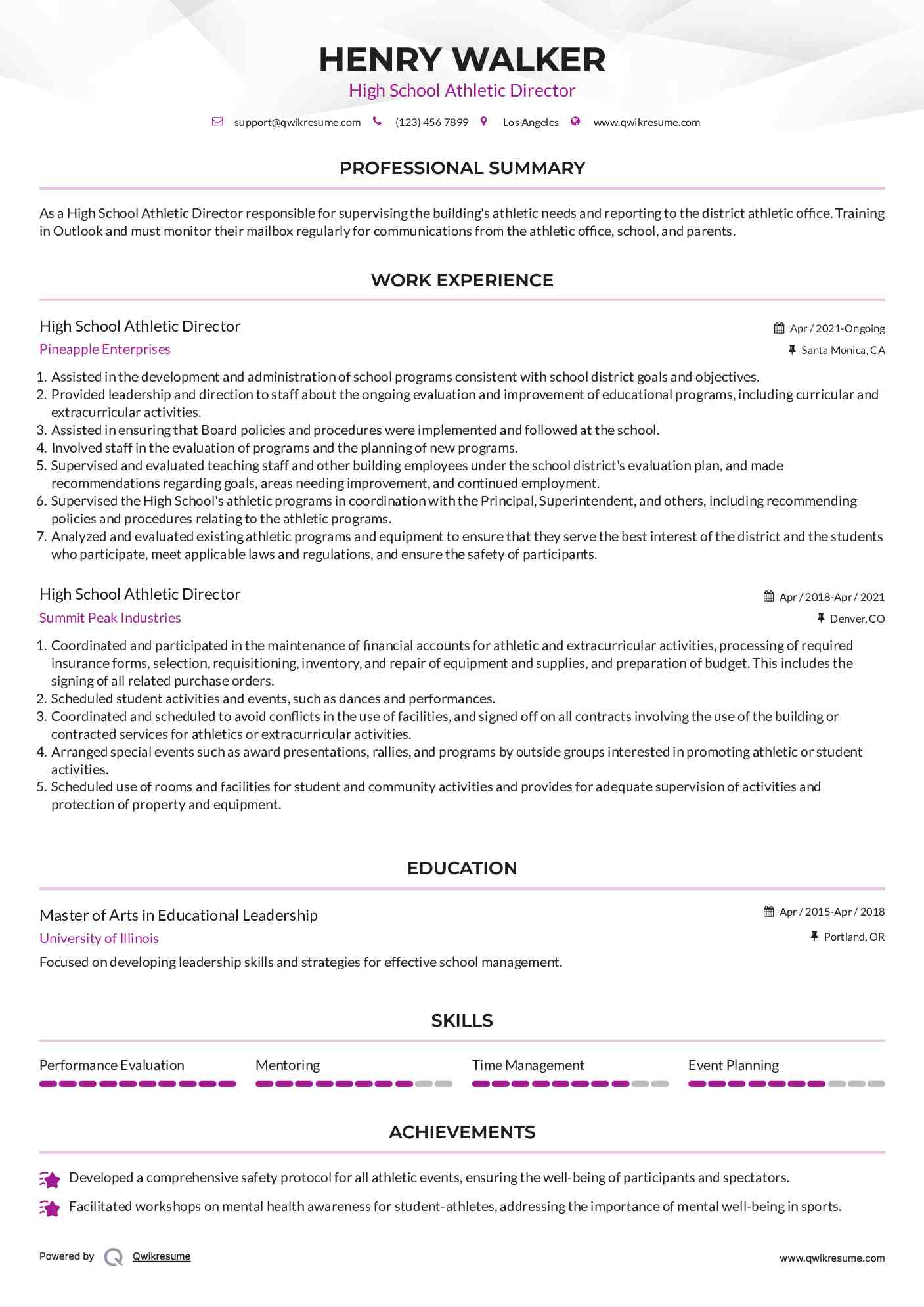 High School Athletic Director Resume Format