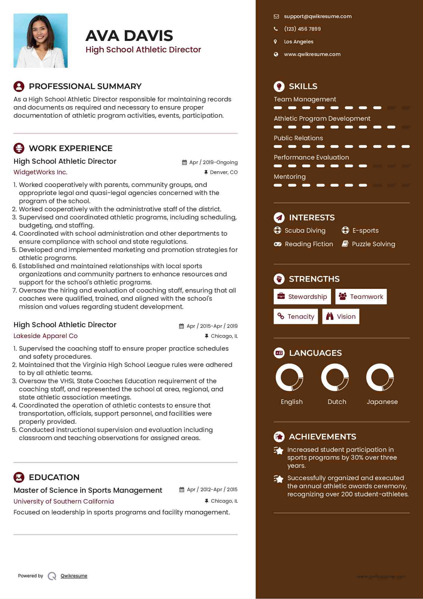 High School Athletic Director Resume Format