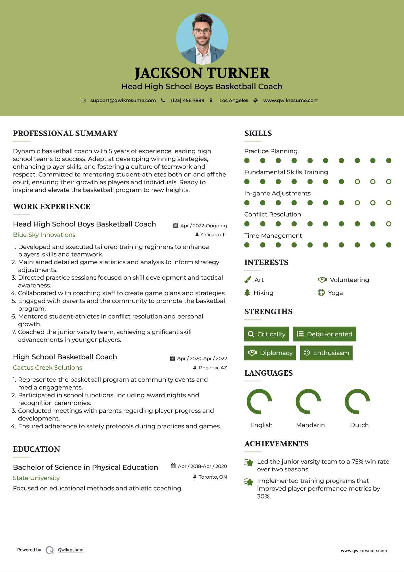 Head High School Boys Basketball Coach Resume Example