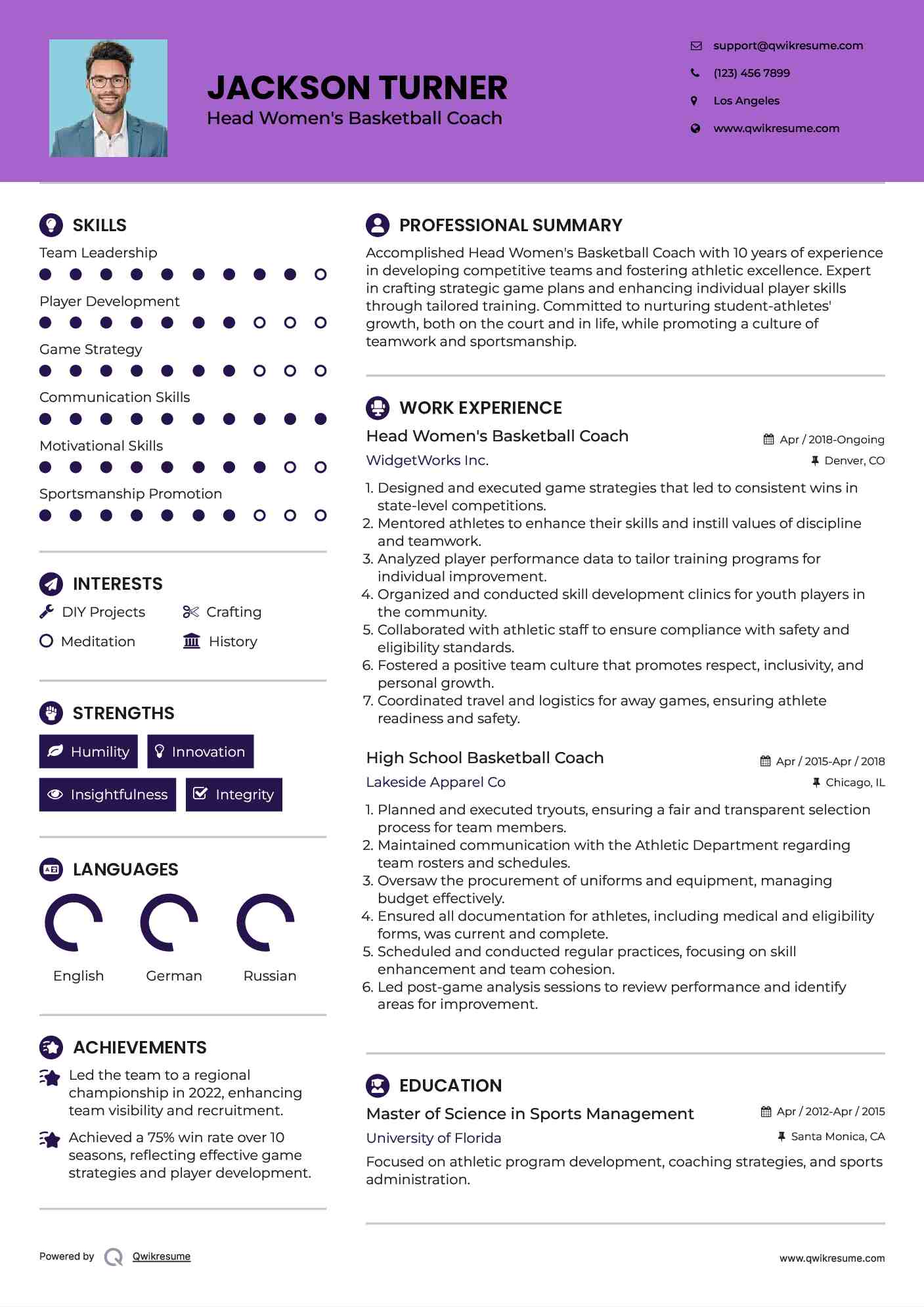 Head Women's Basketball Coach Resume Example