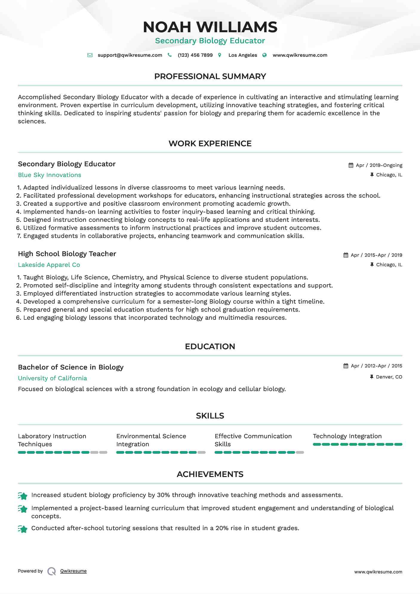 Secondary Biology Educator Resume Format