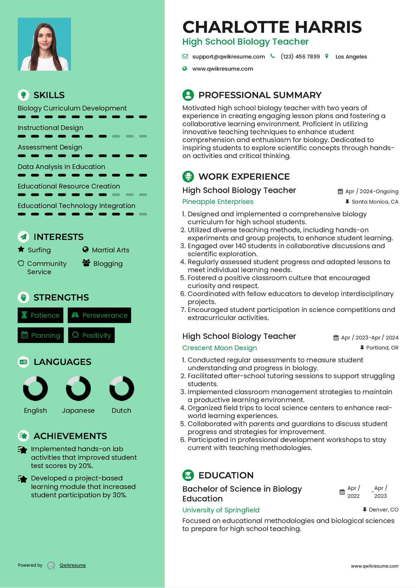 High School Biology Teacher Resume Example