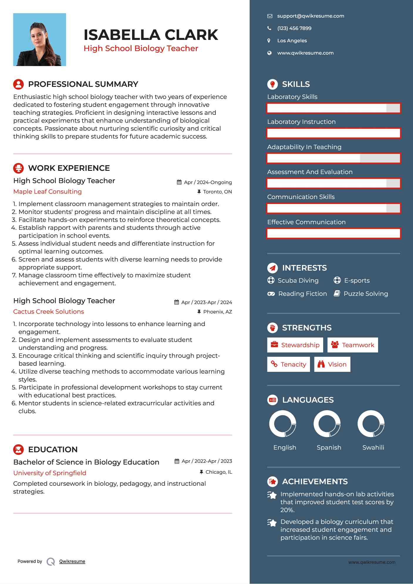 High School Biology Teacher Resume Template