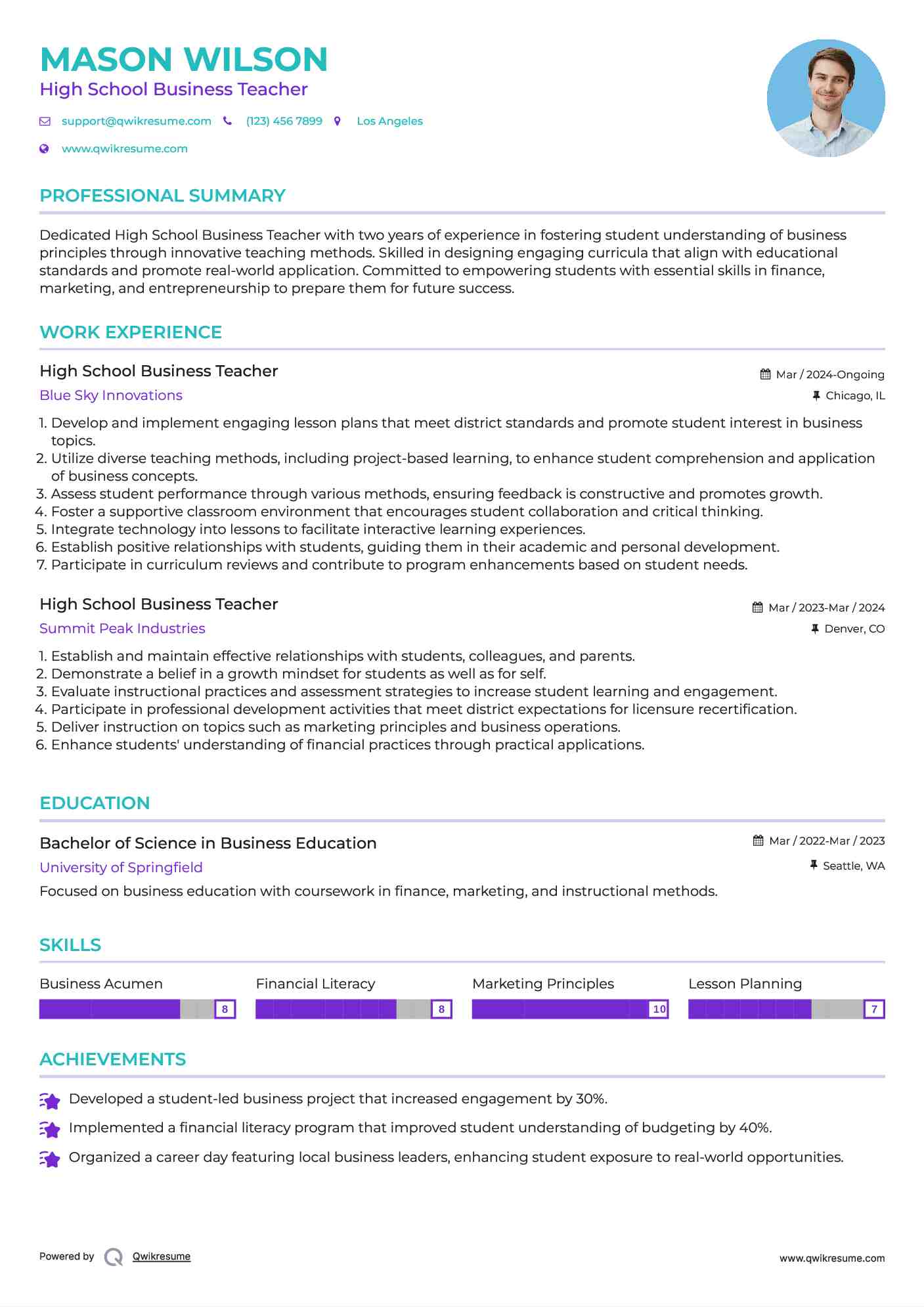High School Business Teacher Resume Example