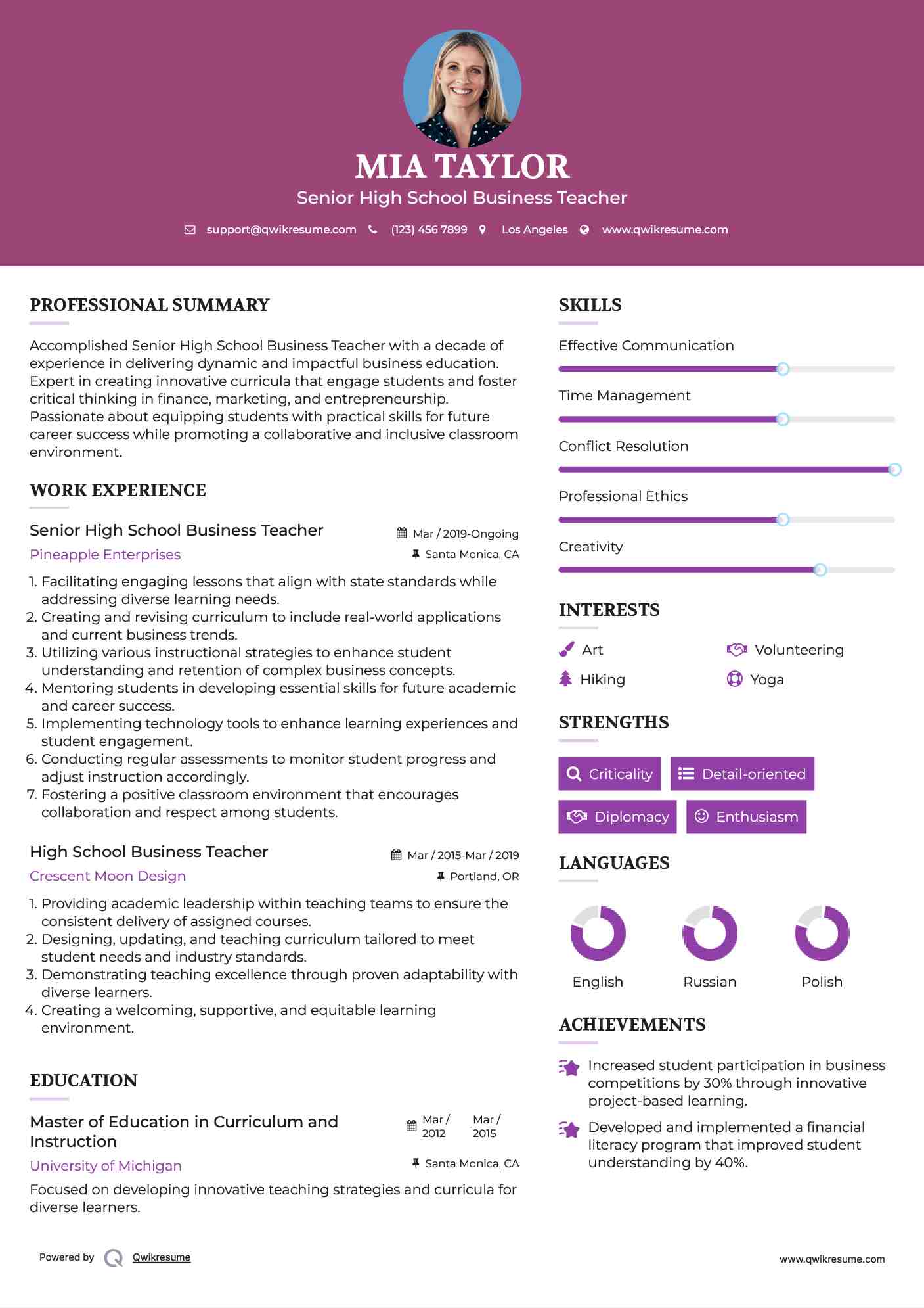 Senior High School Business Teacher Resume Model