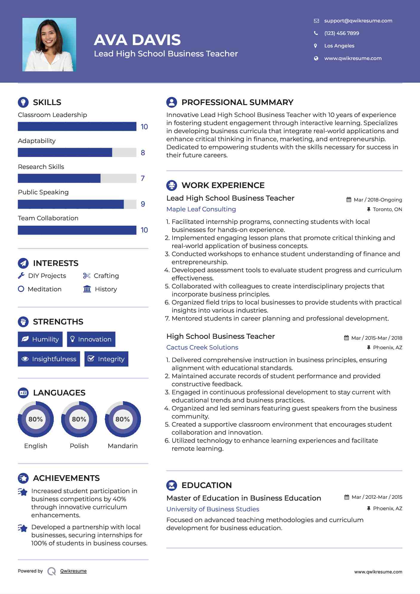 Lead High School Business Teacher Resume Template