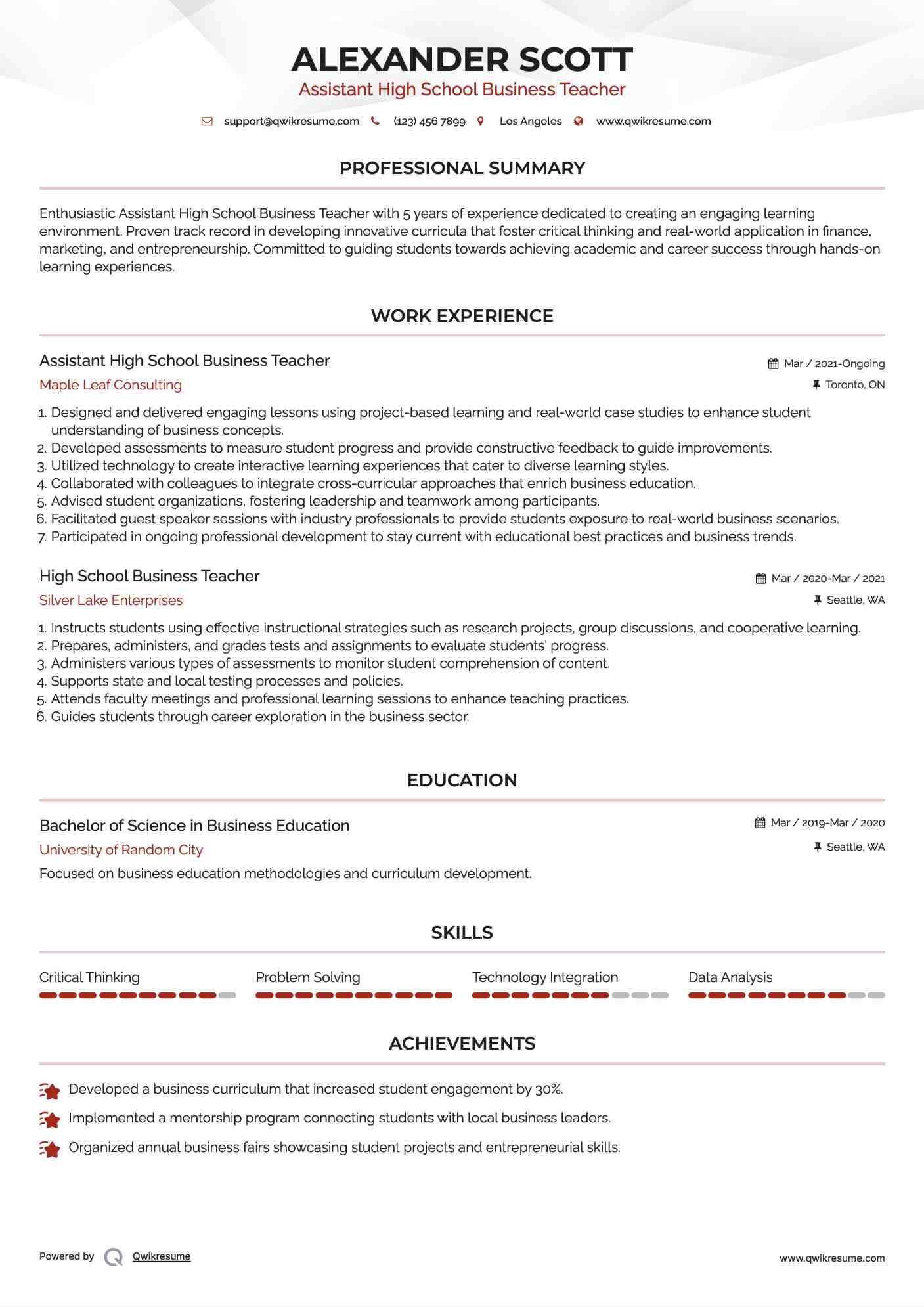 Assistant High School Business Teacher Resume Format