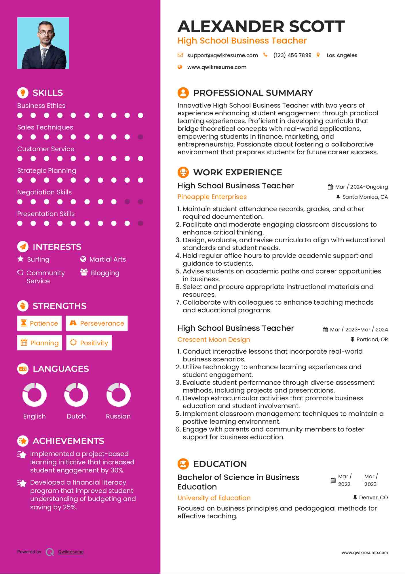 High School Business Teacher Resume Example