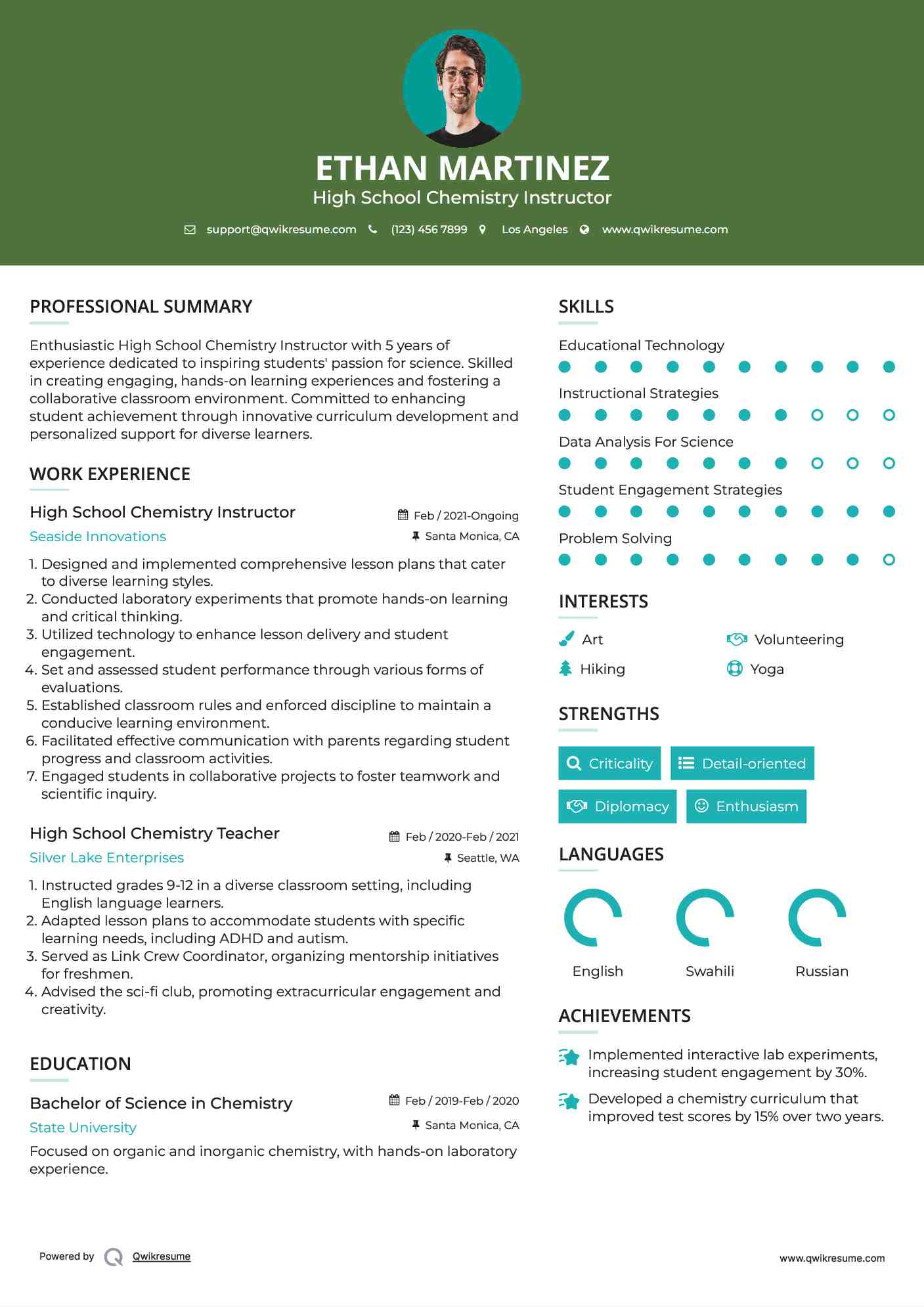 High School Chemistry Instructor Resume Sample