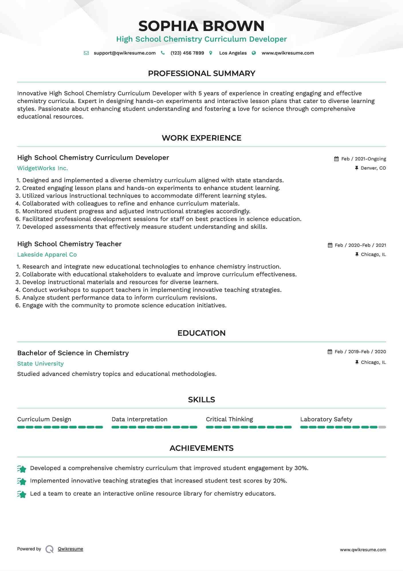 High School Chemistry Curriculum Developer Resume Example