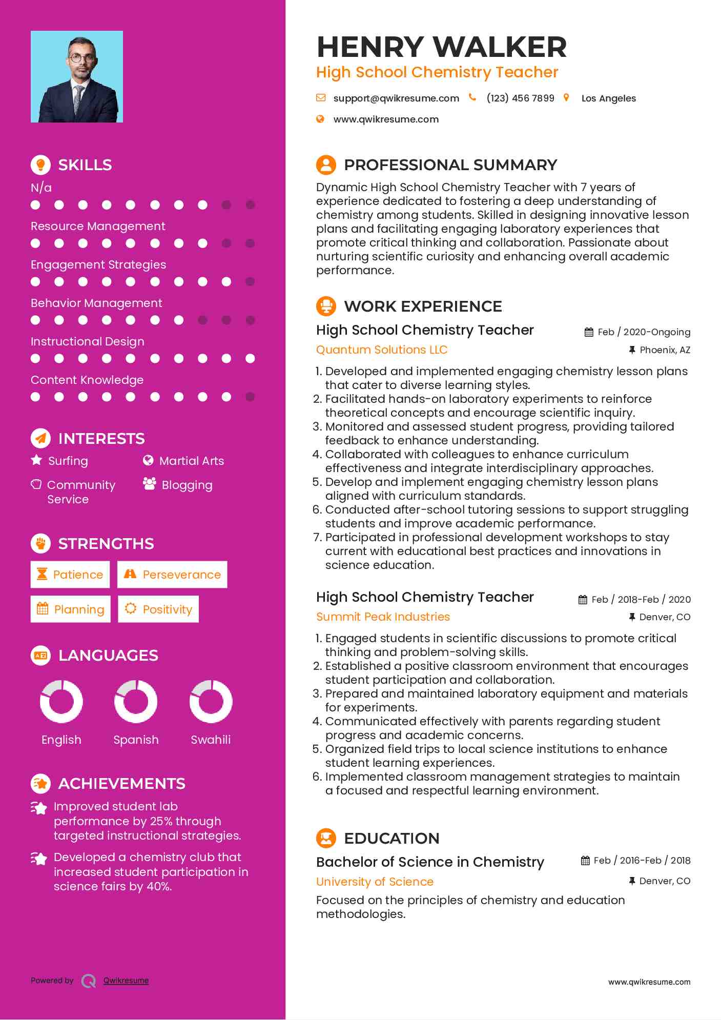 High School Chemistry Teacher Resume Format