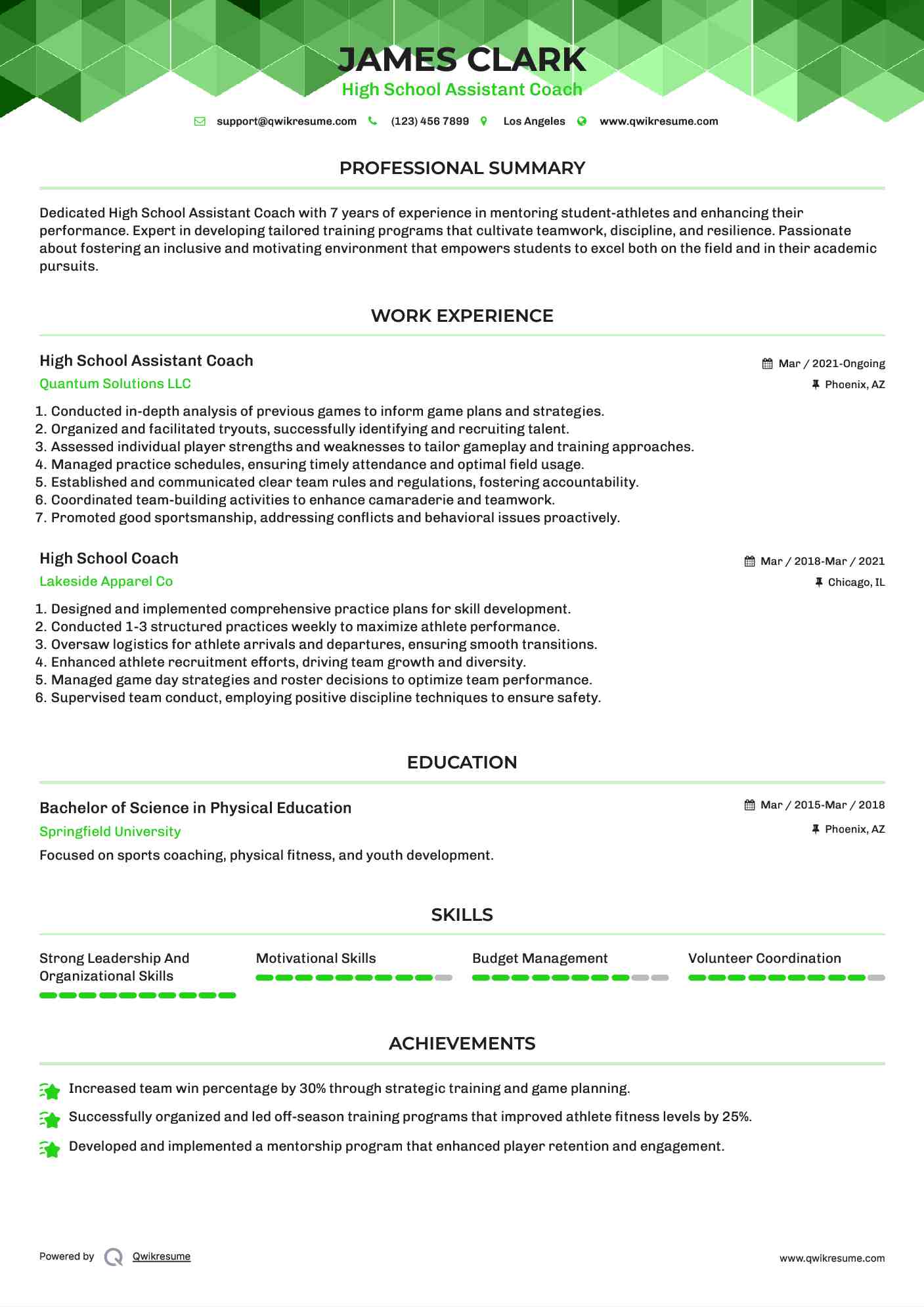 High School Assistant Coach Resume Template
