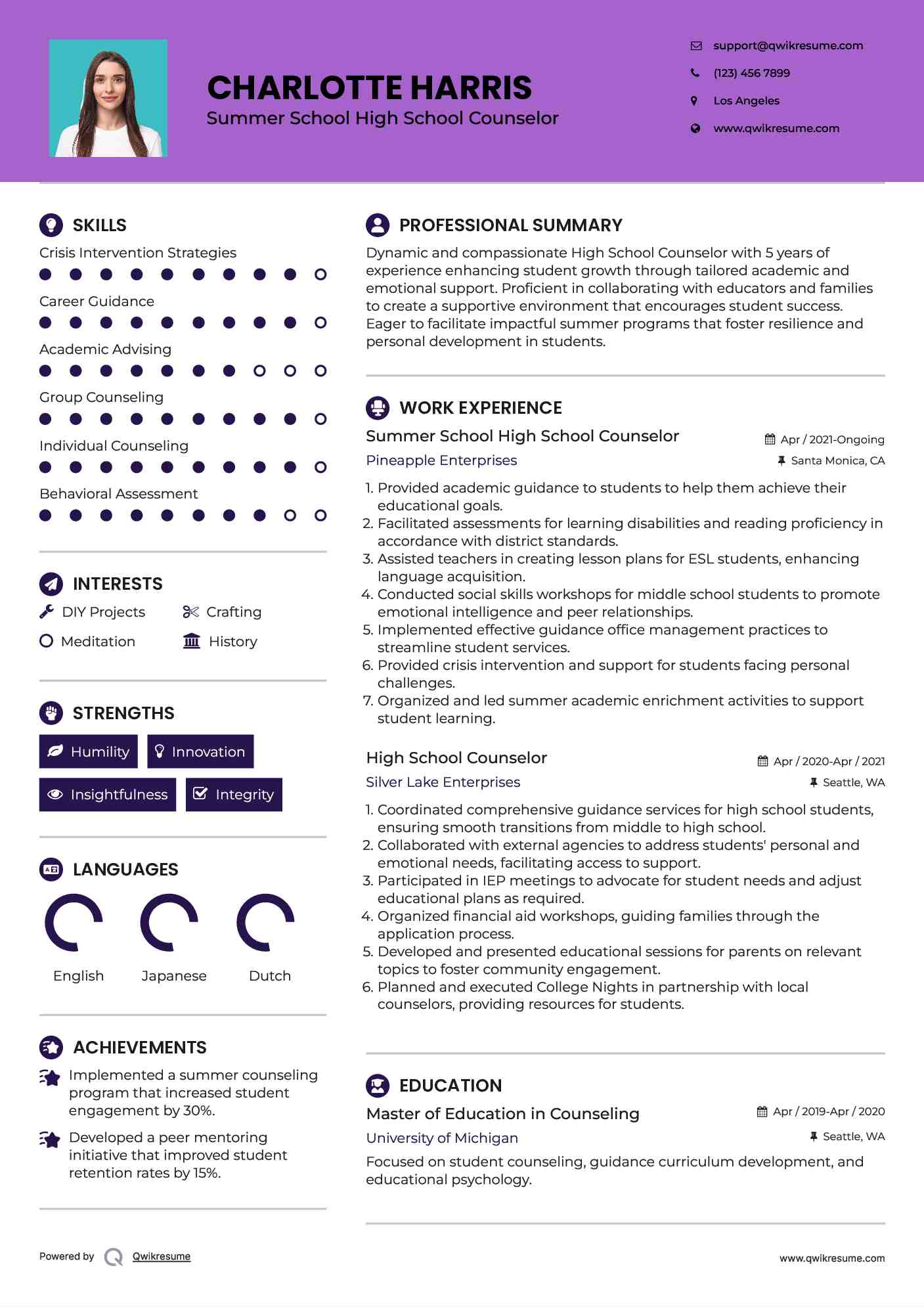 Summer School High School Counselor Resume Format