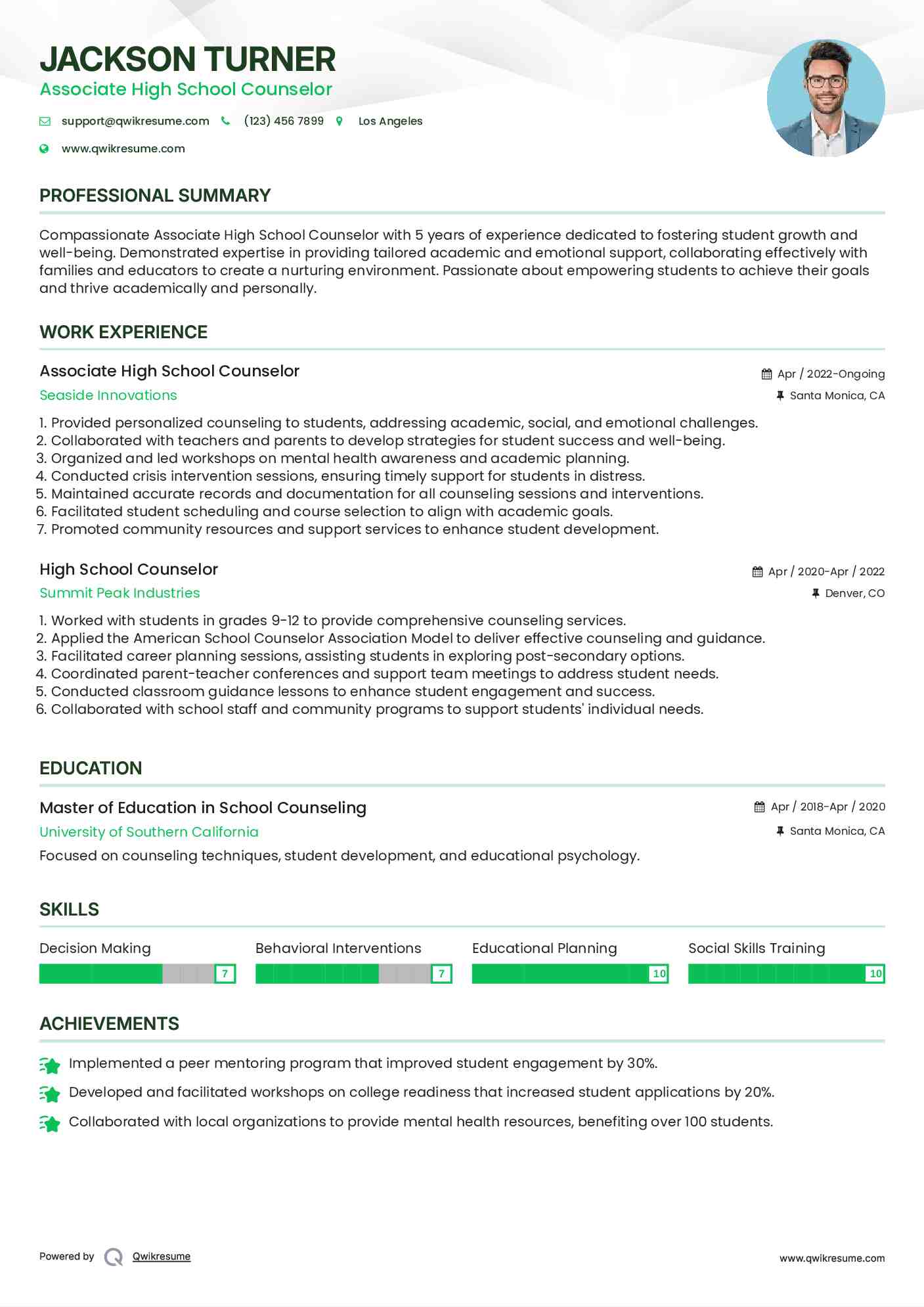 Associate High School Counselor Resume Format
