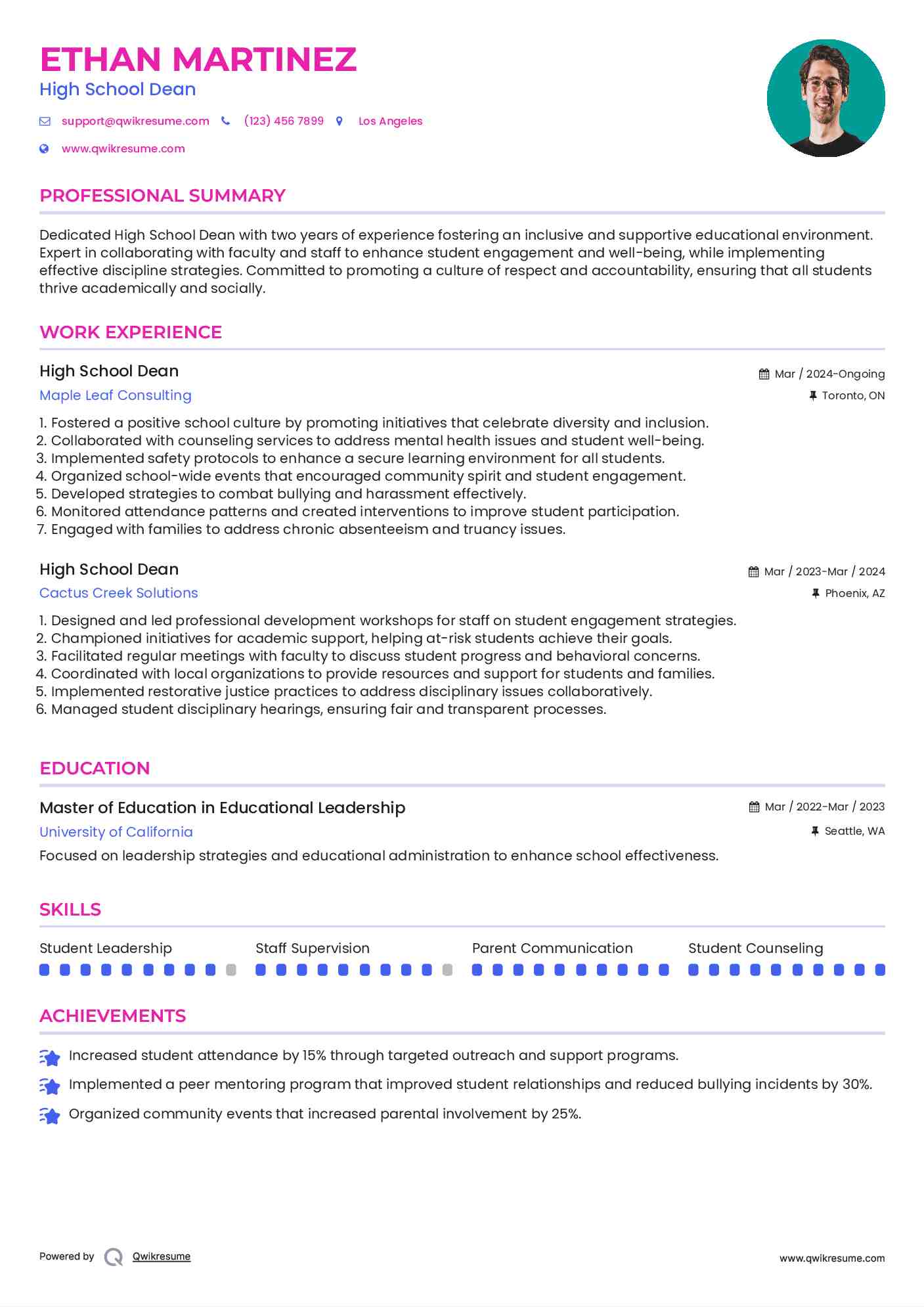 High School Dean Resume Model