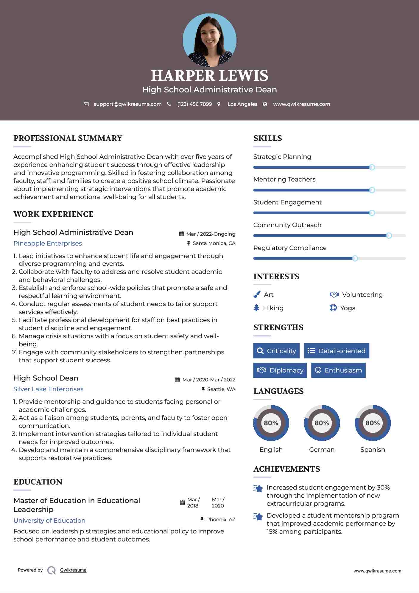 High School Administrative Dean Resume Example
