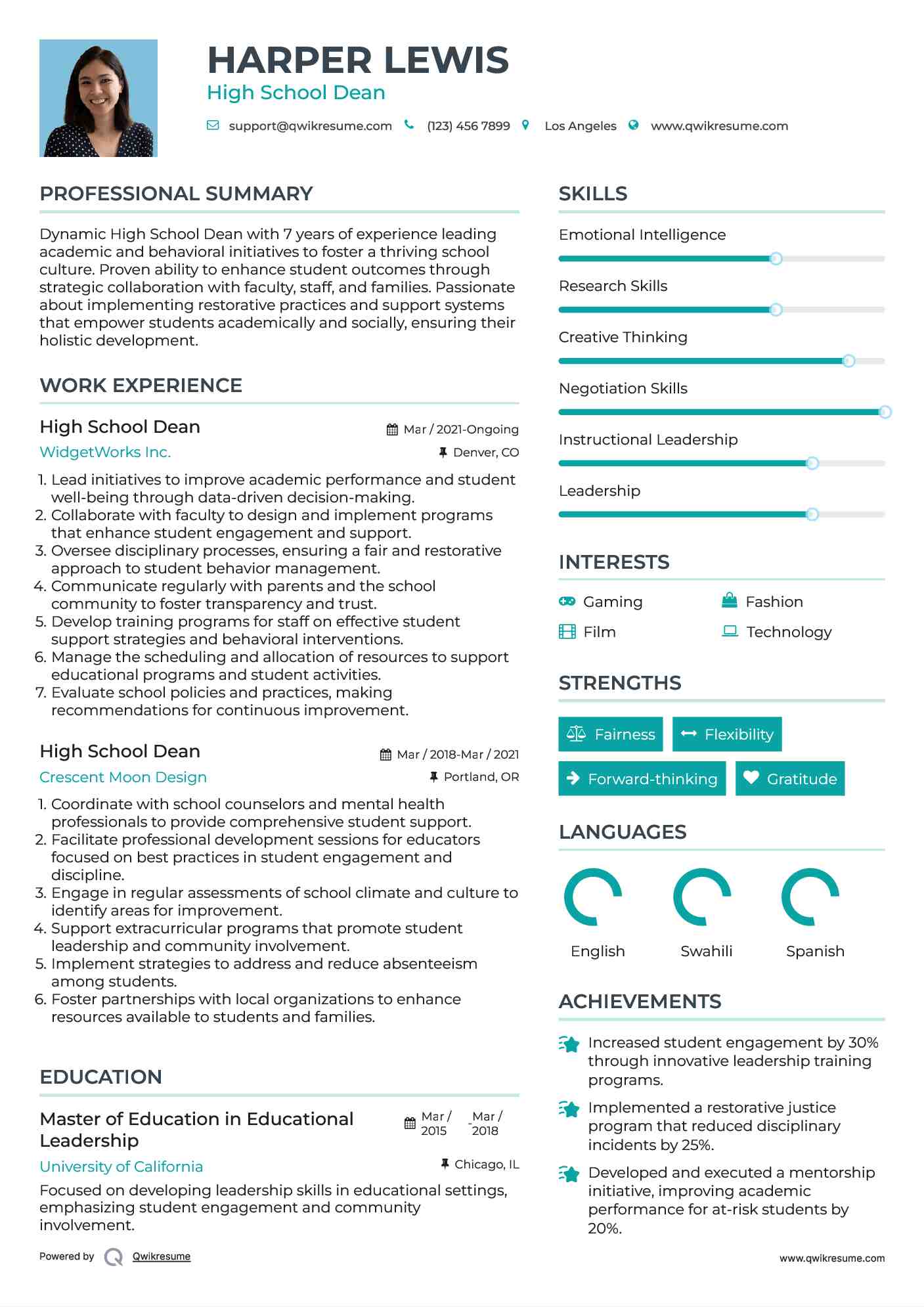 High School Dean Resume Sample