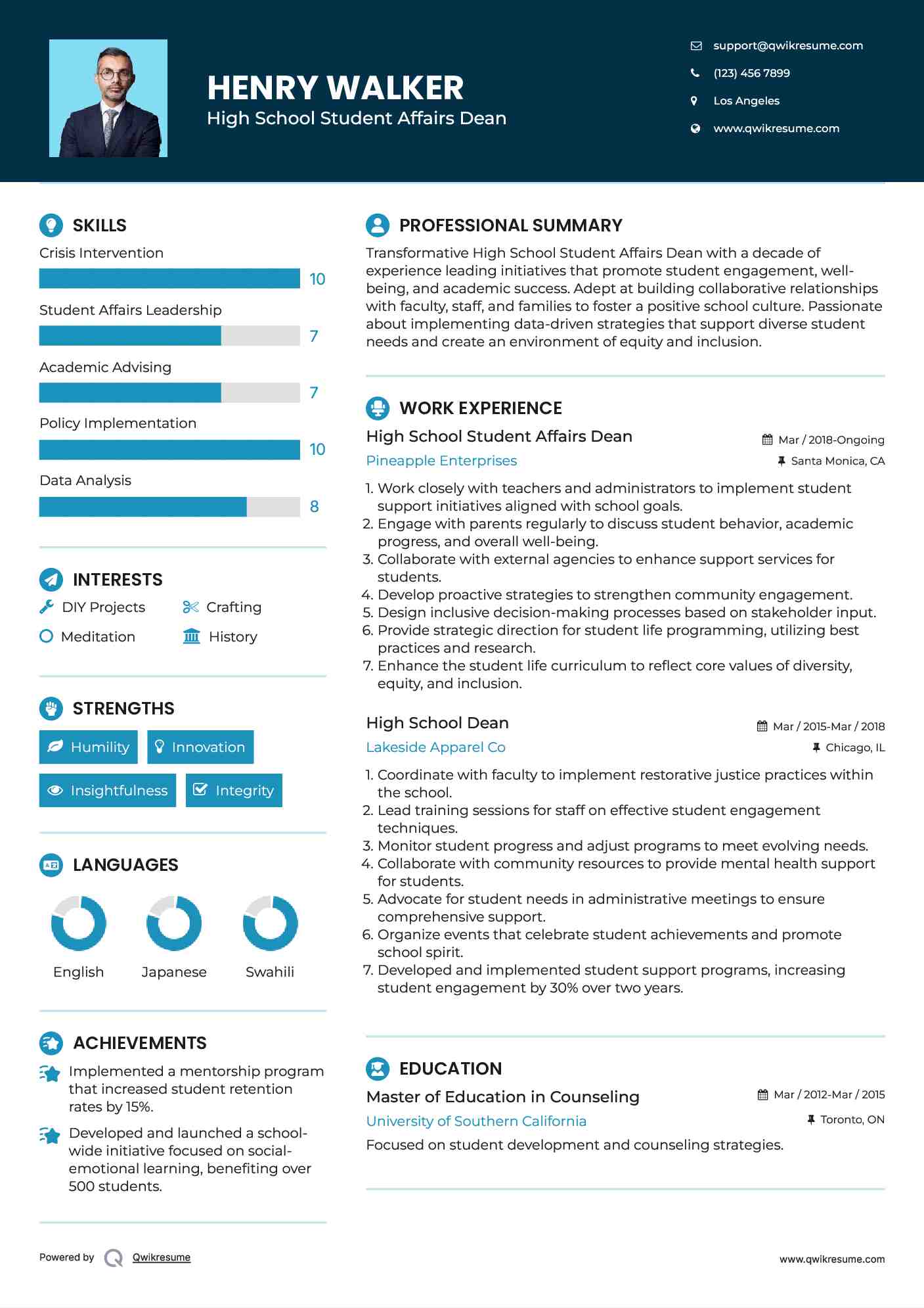 High School Student Affairs Dean Resume Template