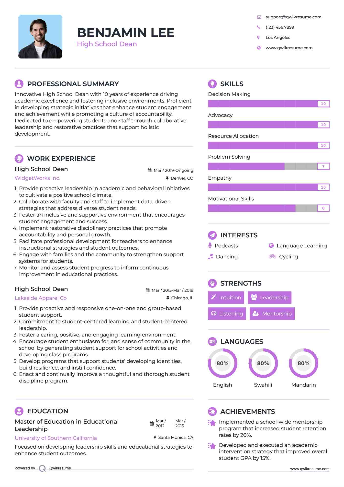 High School Dean Resume Model