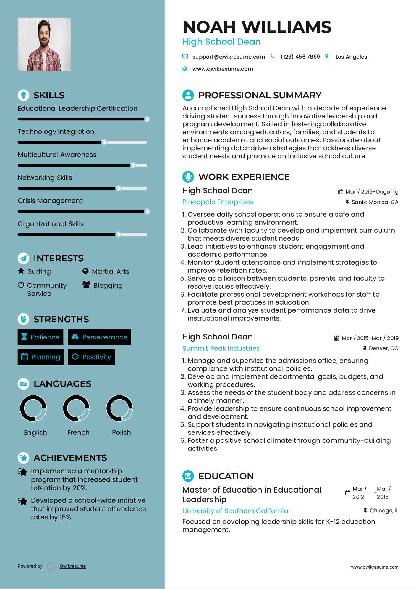 High School Dean Resume Example