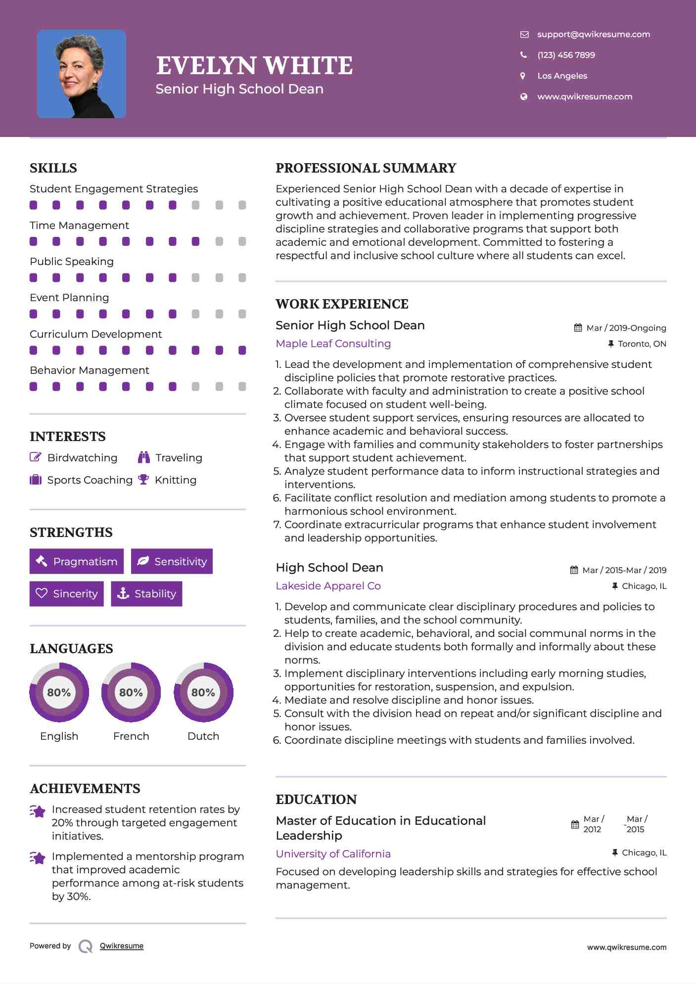 Senior High School Dean Resume Example