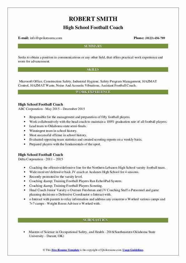 High School Football Coach Resume - High School Football Coach 1618162240 Pdf 