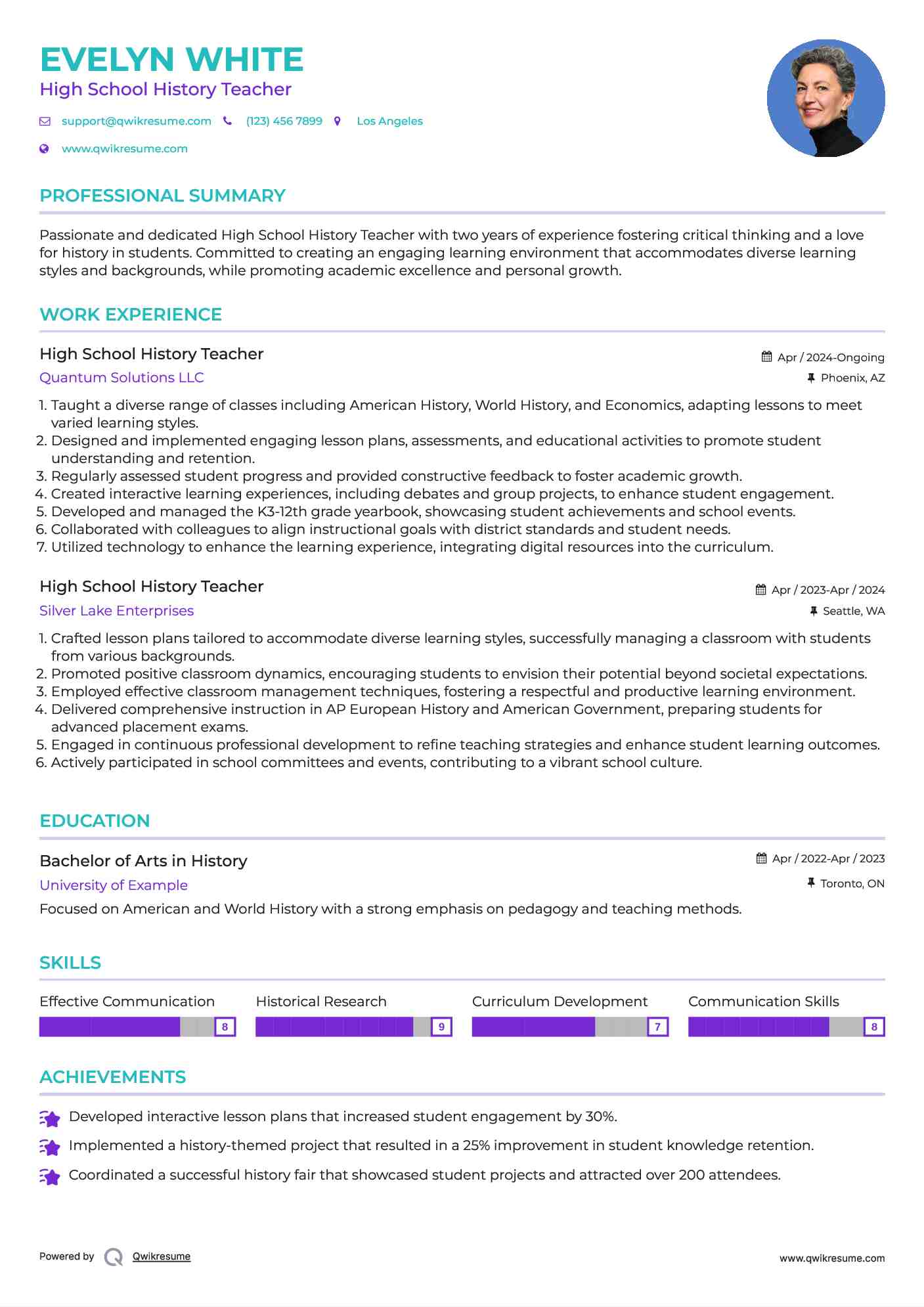 High School History Teacher Resume Template