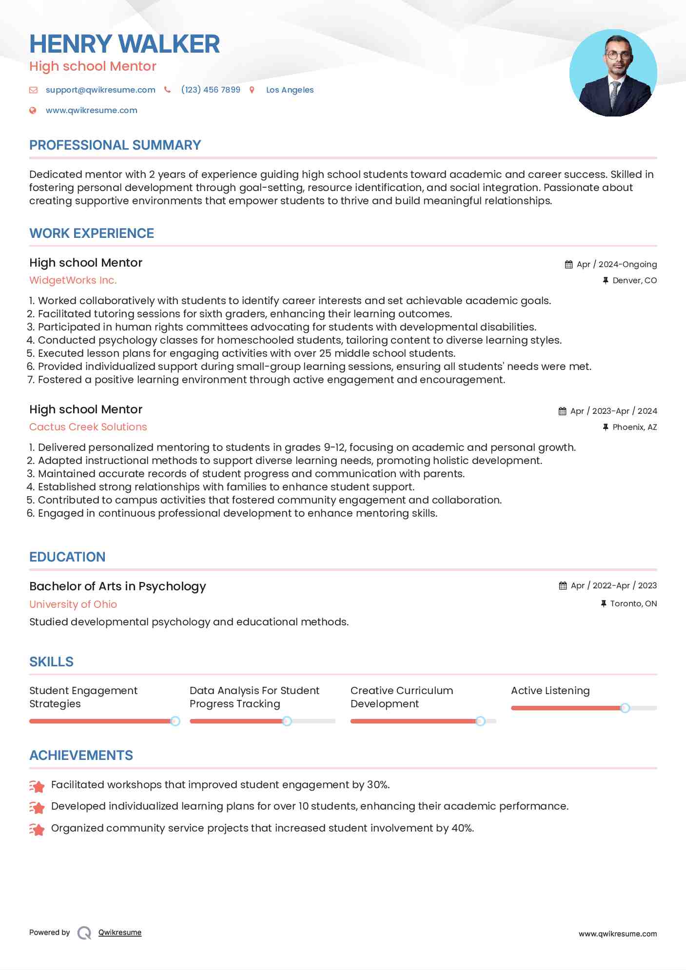 High school Mentor Resume Example