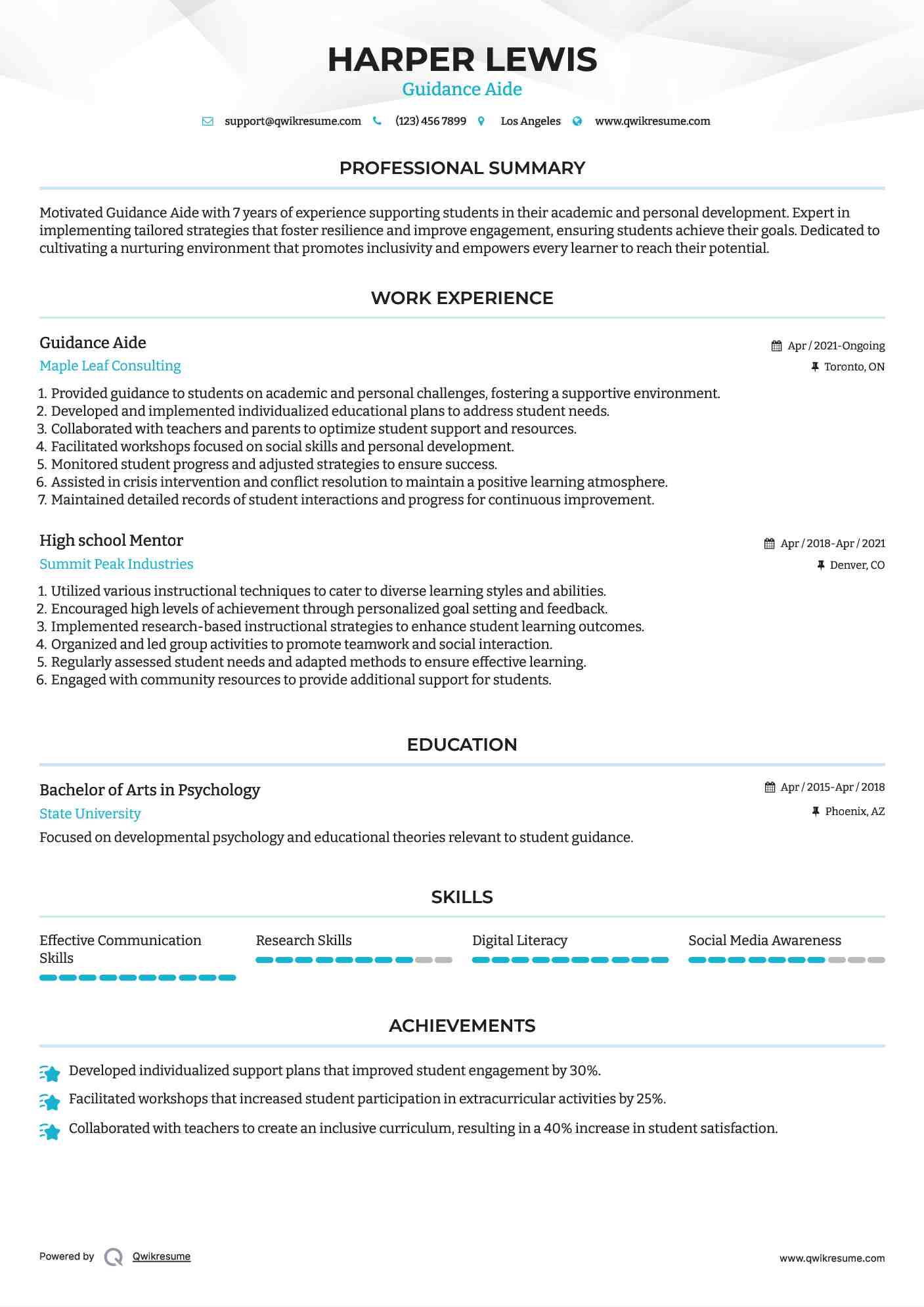 Guidance Aide Resume Sample