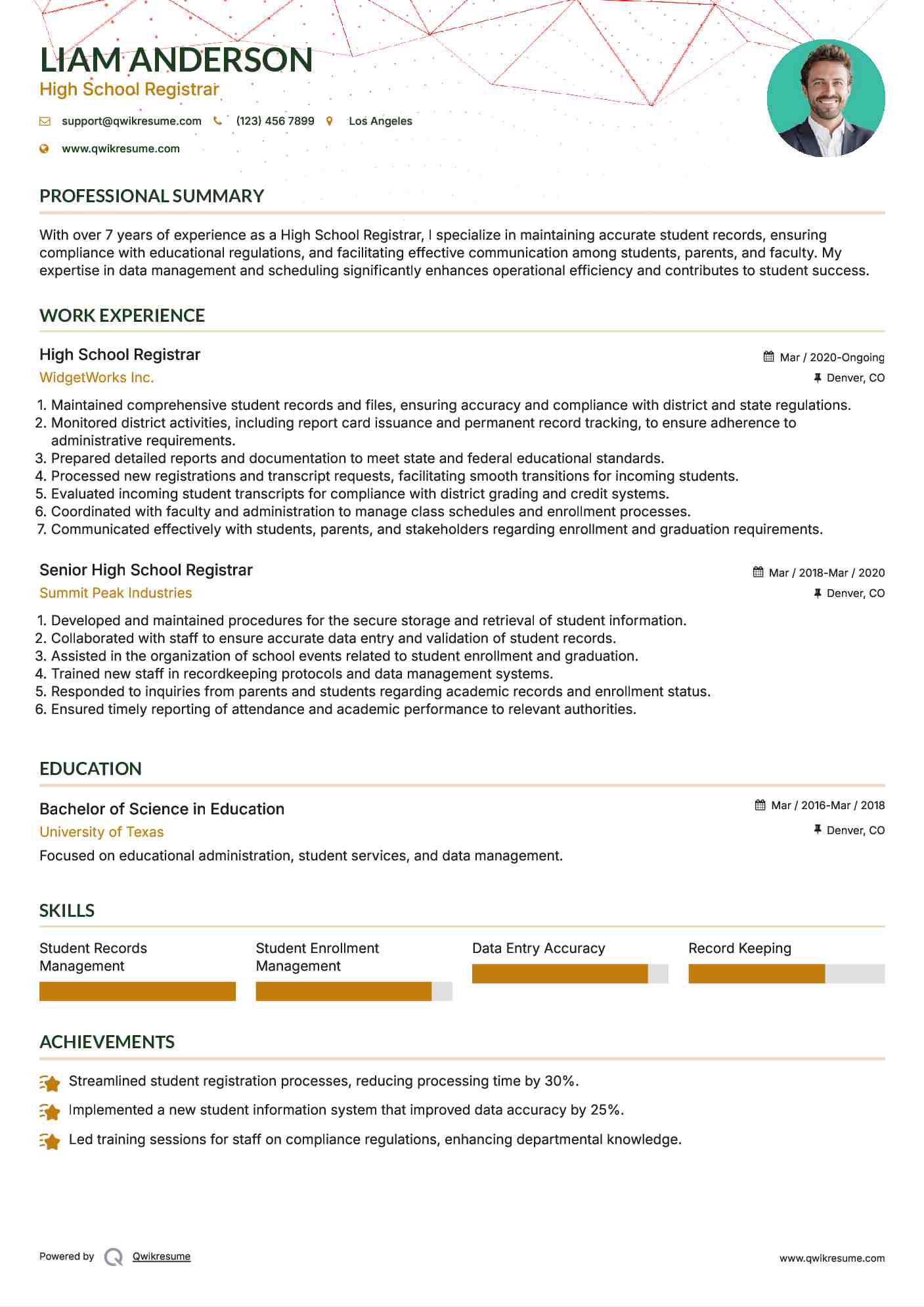 High School Registrar Resume Example