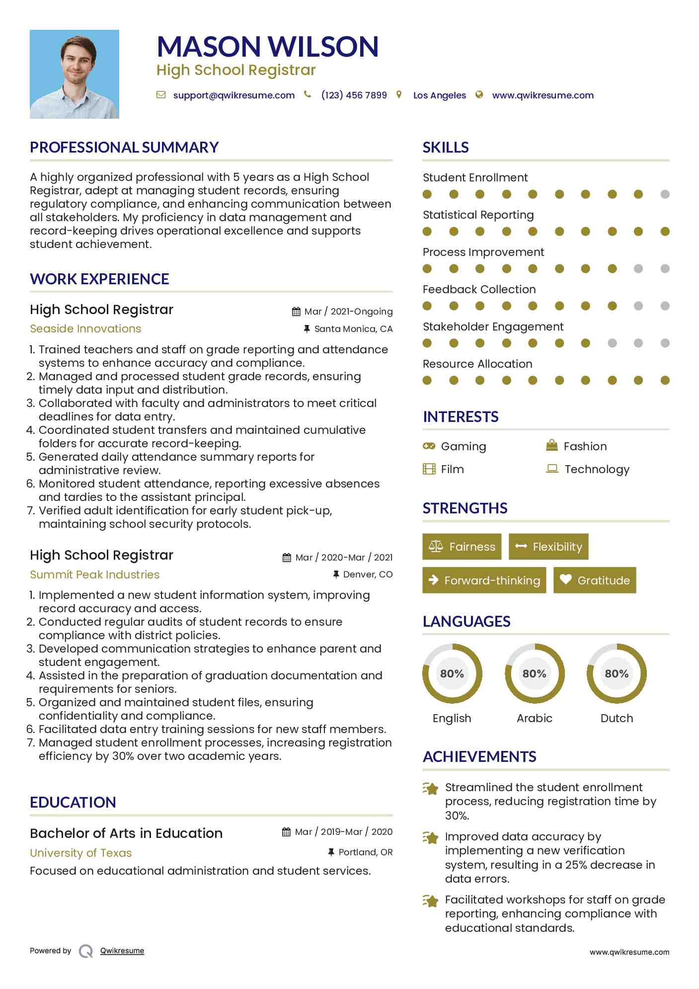 High School Registrar Resume Example