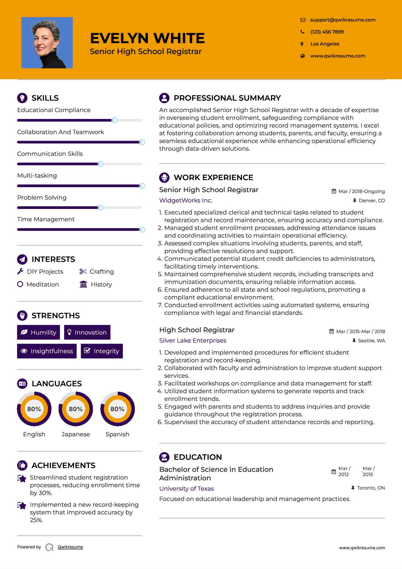 Senior High School Registrar Resume Sample