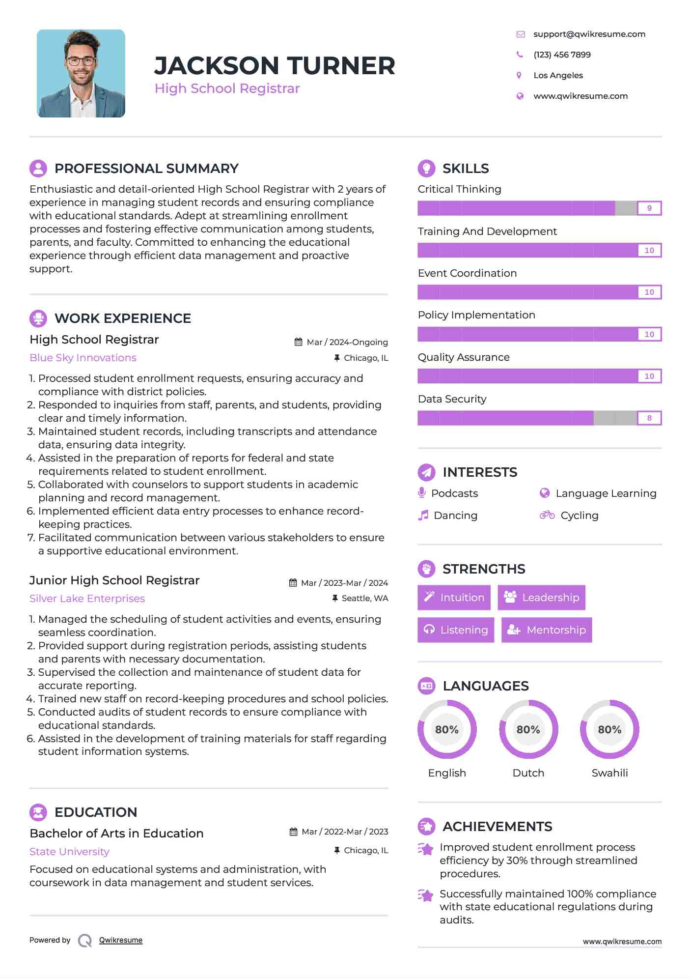 High School Registrar Resume Model